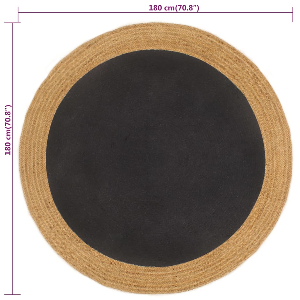 Tappeto Intrecciato Nero e Naturale 180cm Juta e Cotone Rotondo