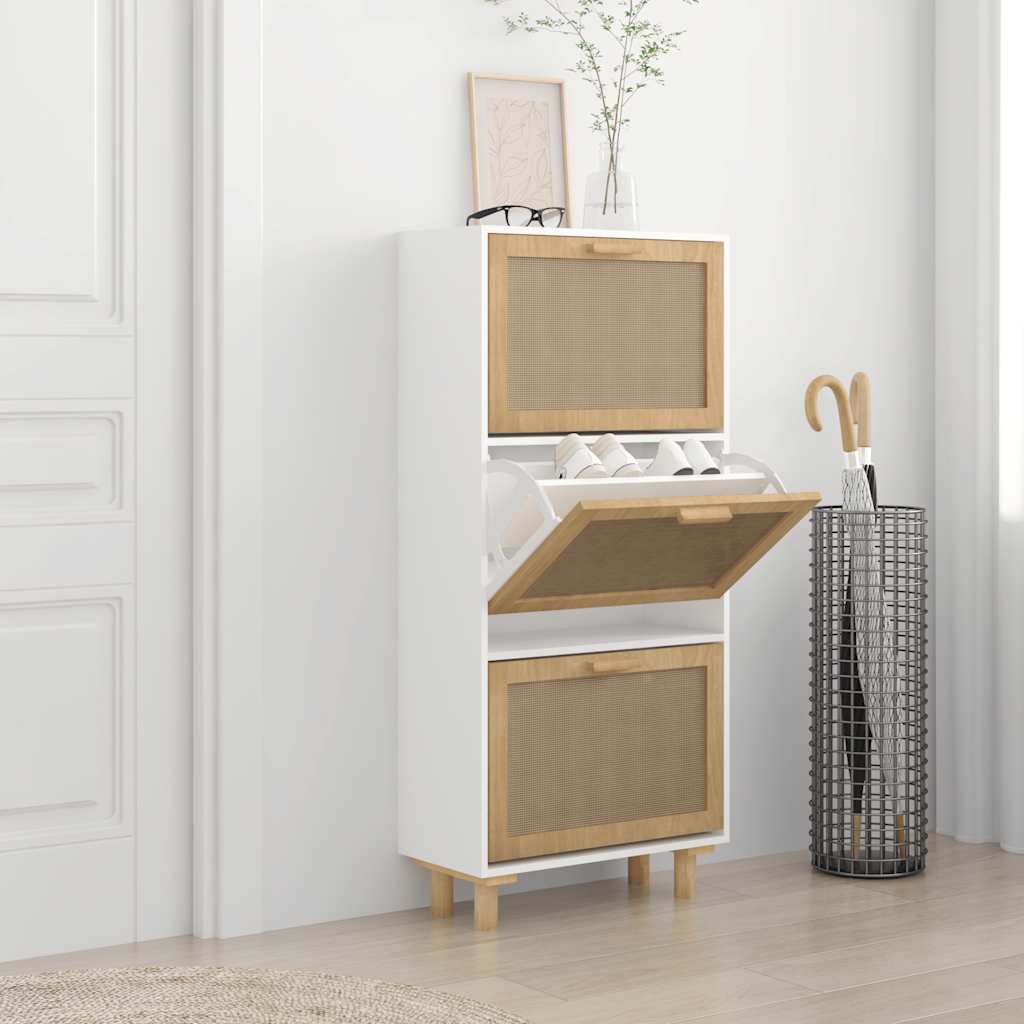 Scarpiera Bianca52x25x115cm Legno Multistrato e Rattan Naturale