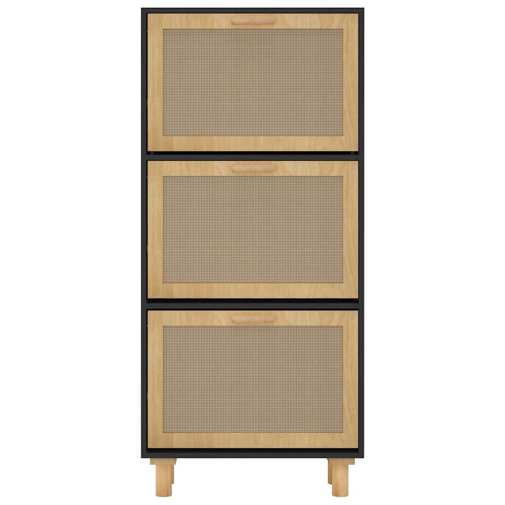 Scarpiera Nero 52x25x115cm Legno Multistrato e Rattan Naturale