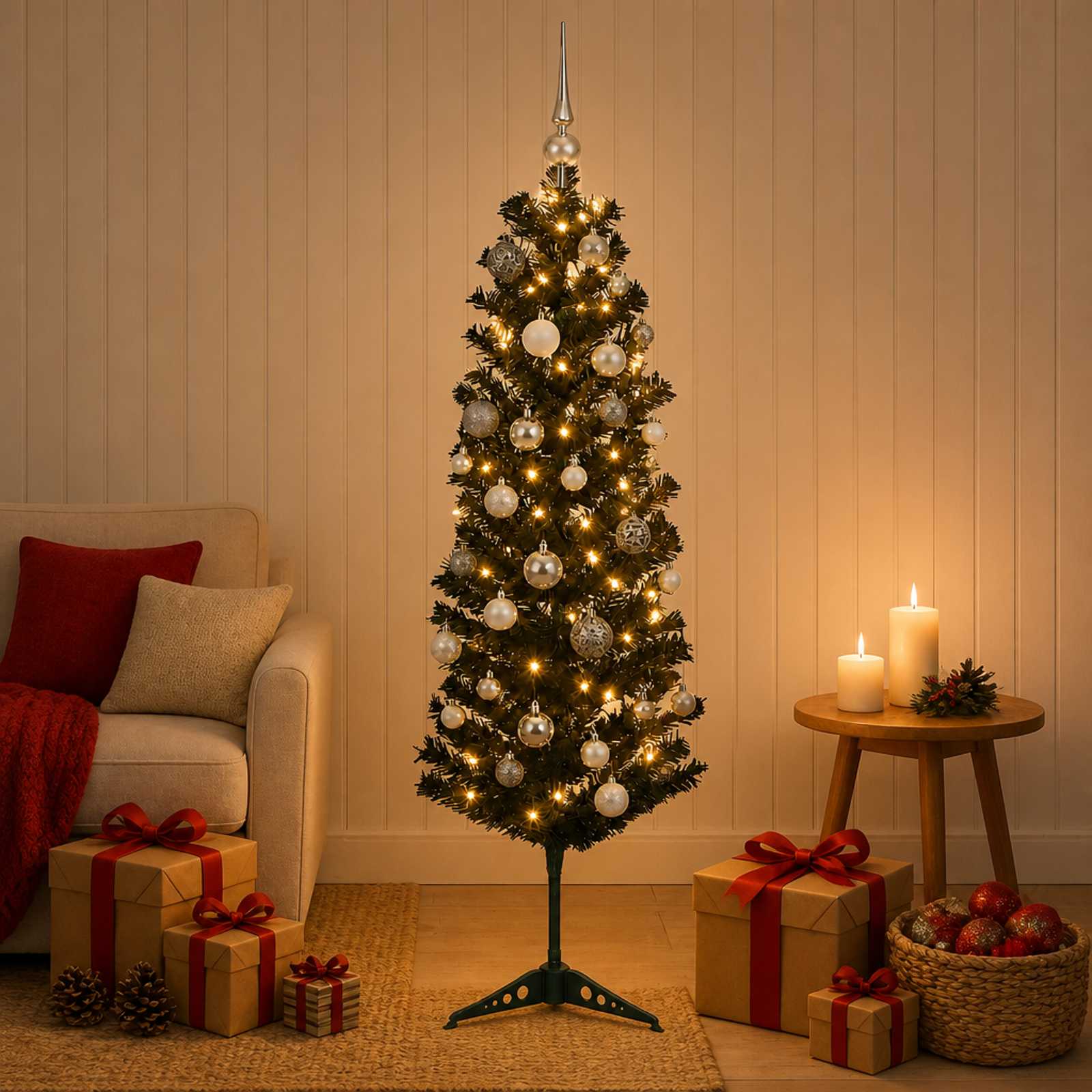 Albero di Natale Artificiale Slim con Palline 120 cm 150 LED