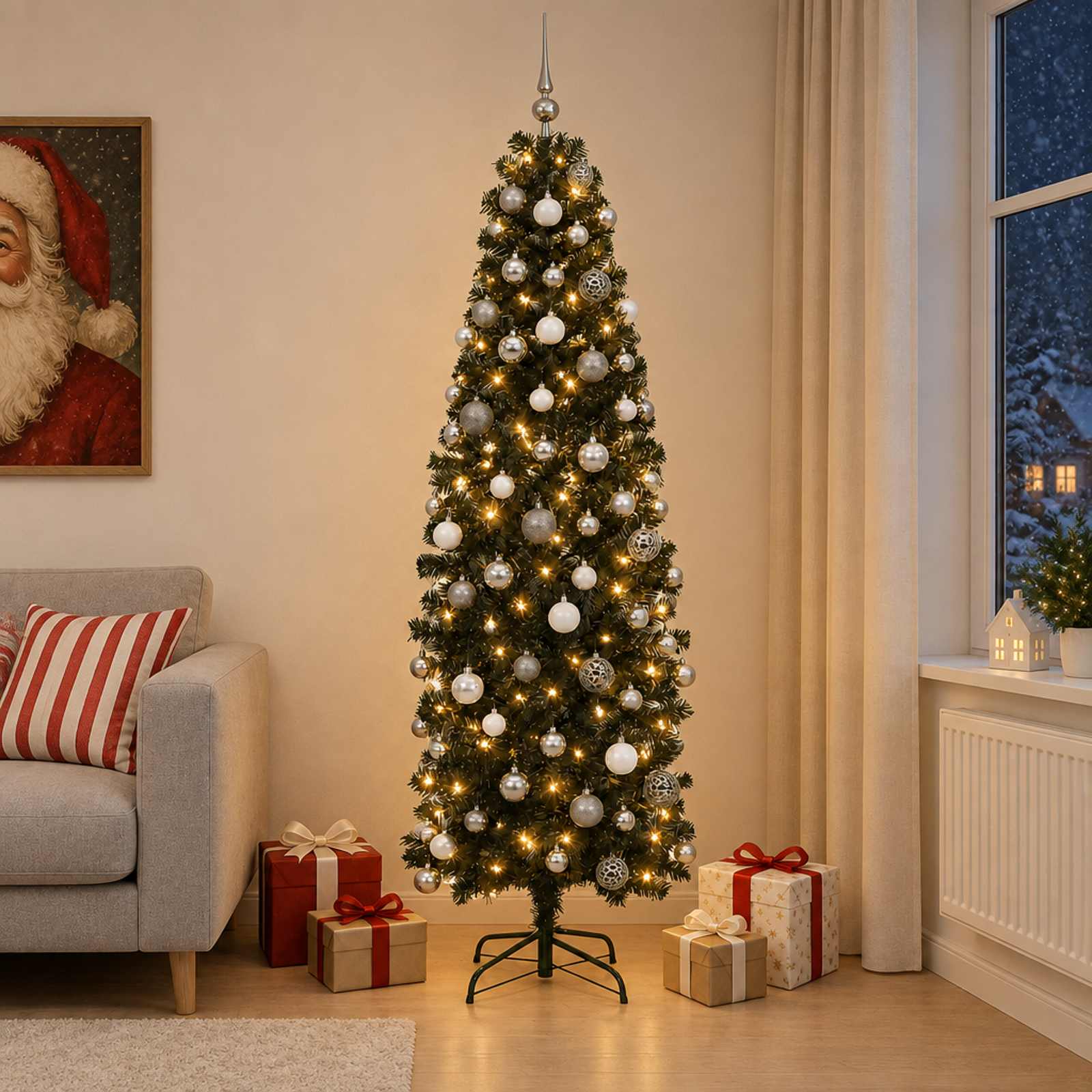 Albero di Natale Artificiale Slim con Palline 210 cm 300 LED