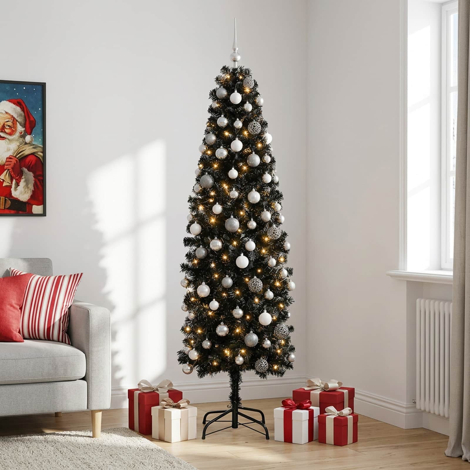 Albero di Natale Artificiale Slim con Palline 210 cm 300 LED