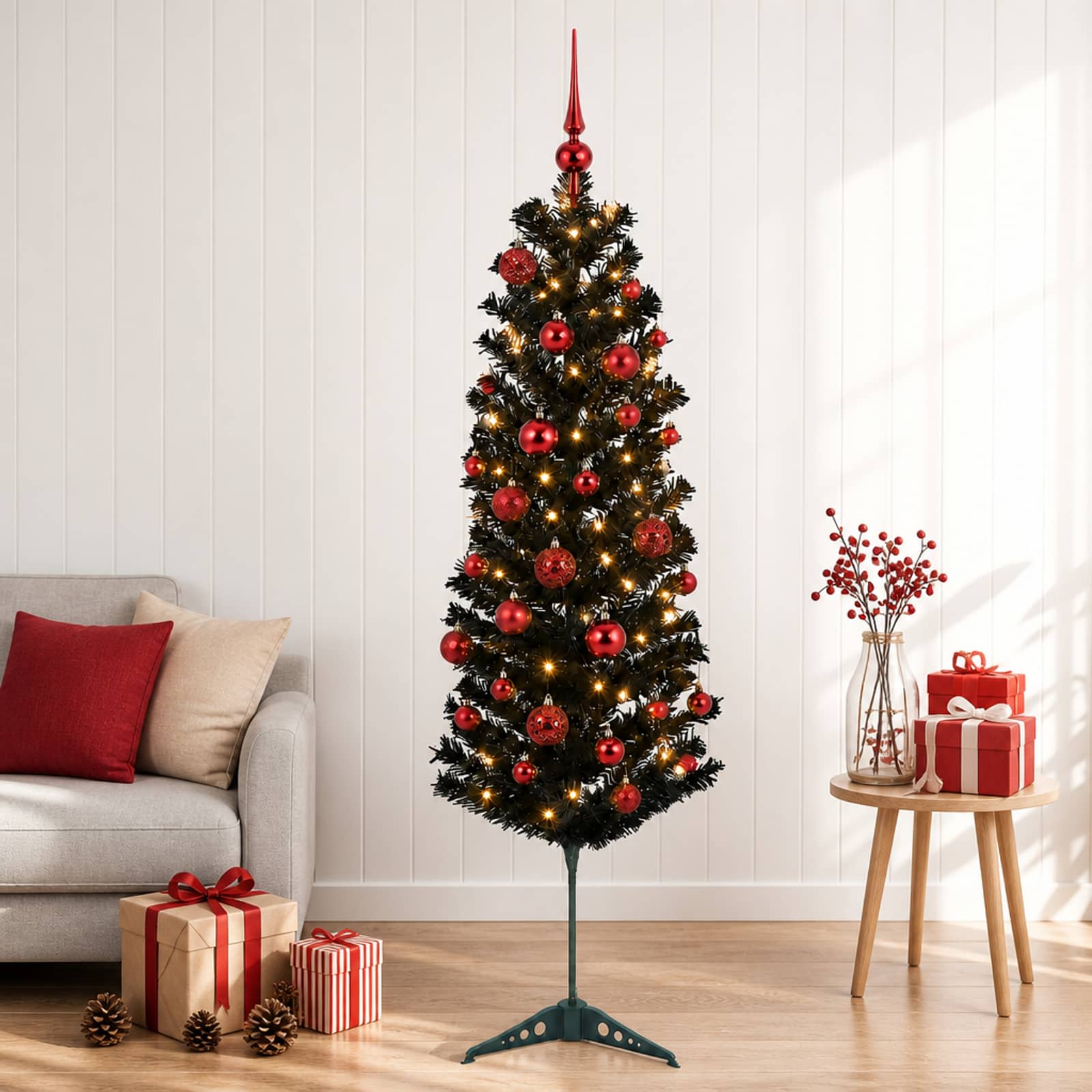Albero di Natale Artificiale Slim con Palline 150 cm 150 LED