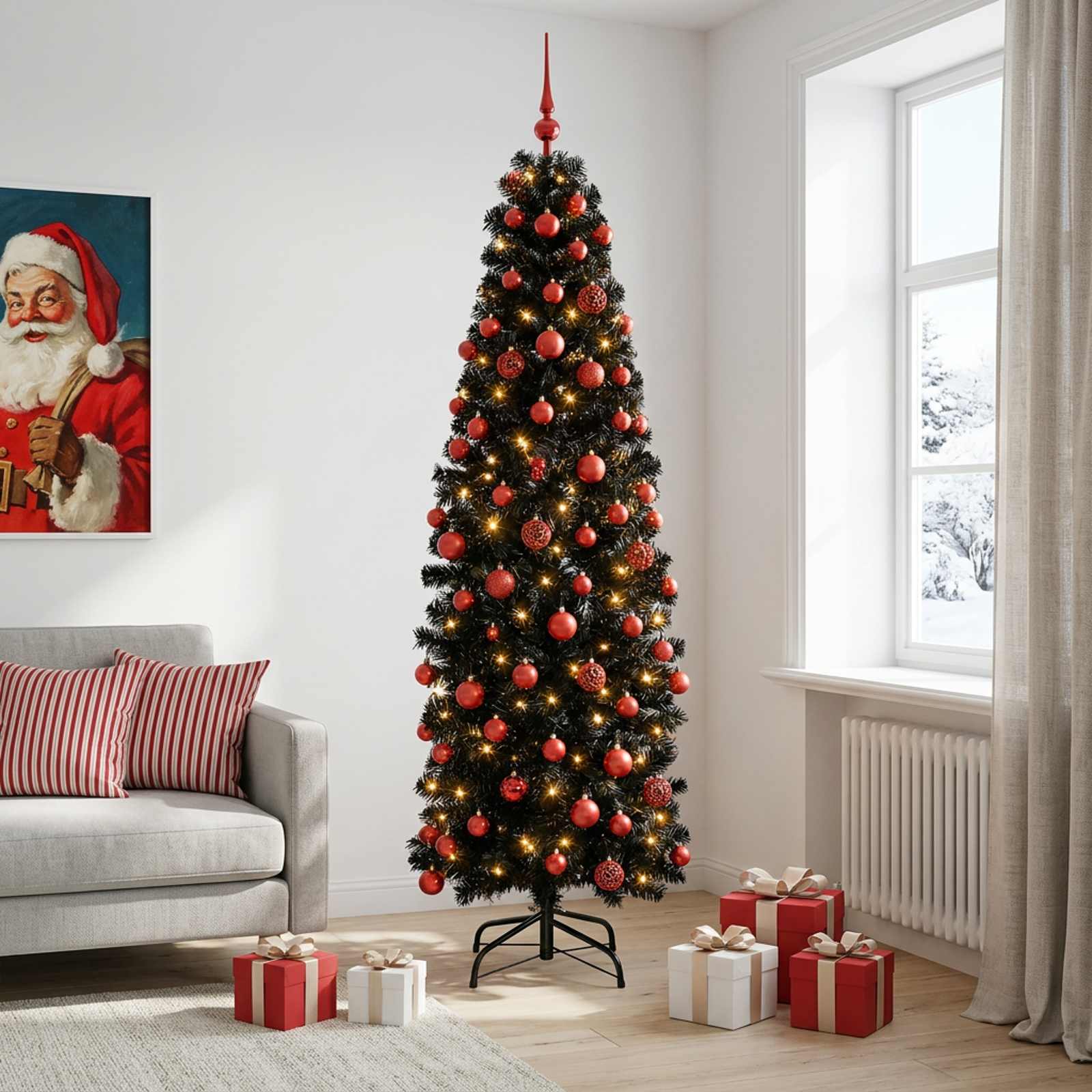 Albero di Natale Artificiale Slim con Palline 210 cm 300 LED