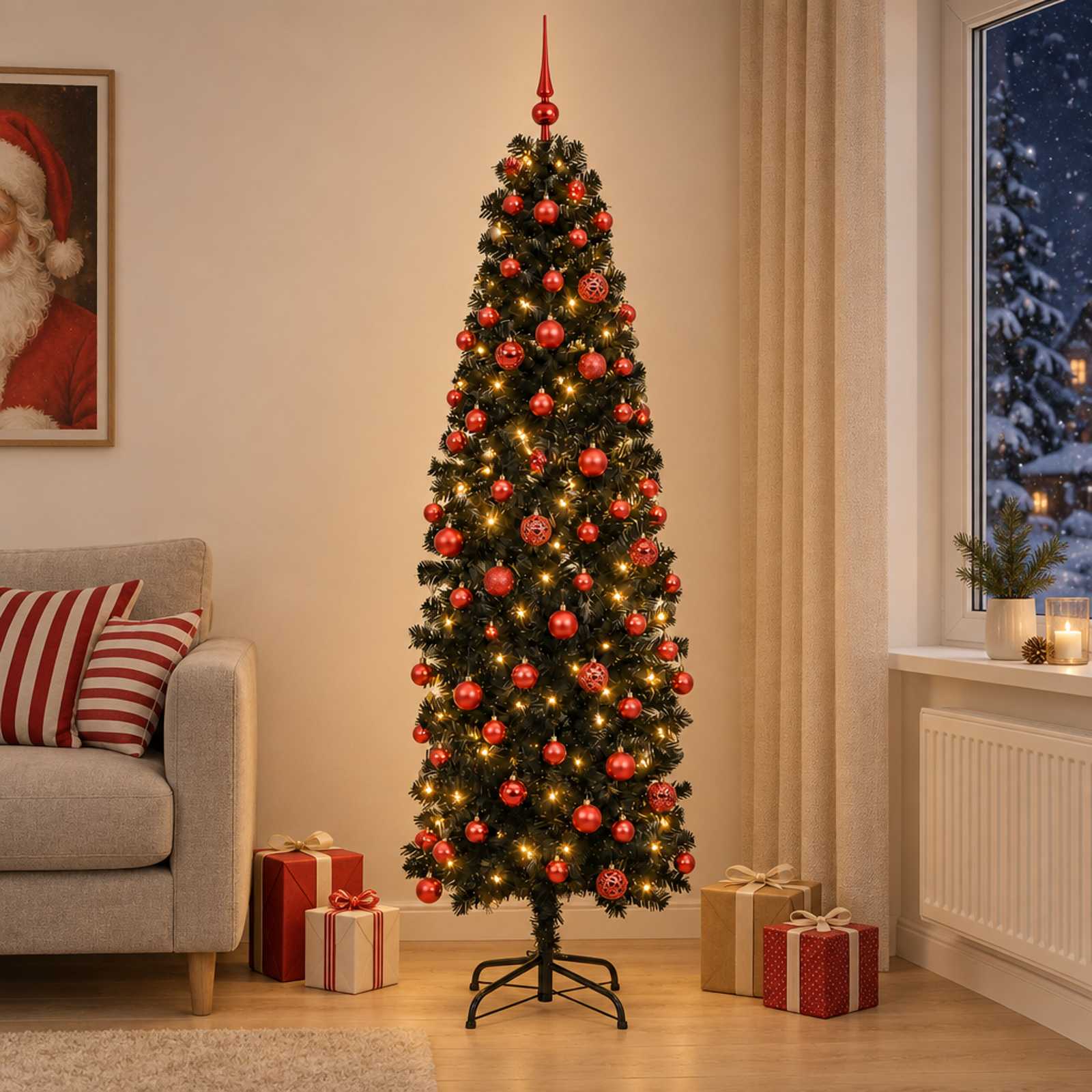 Albero di Natale Artificiale Slim con Palline 210 cm 300 LED
