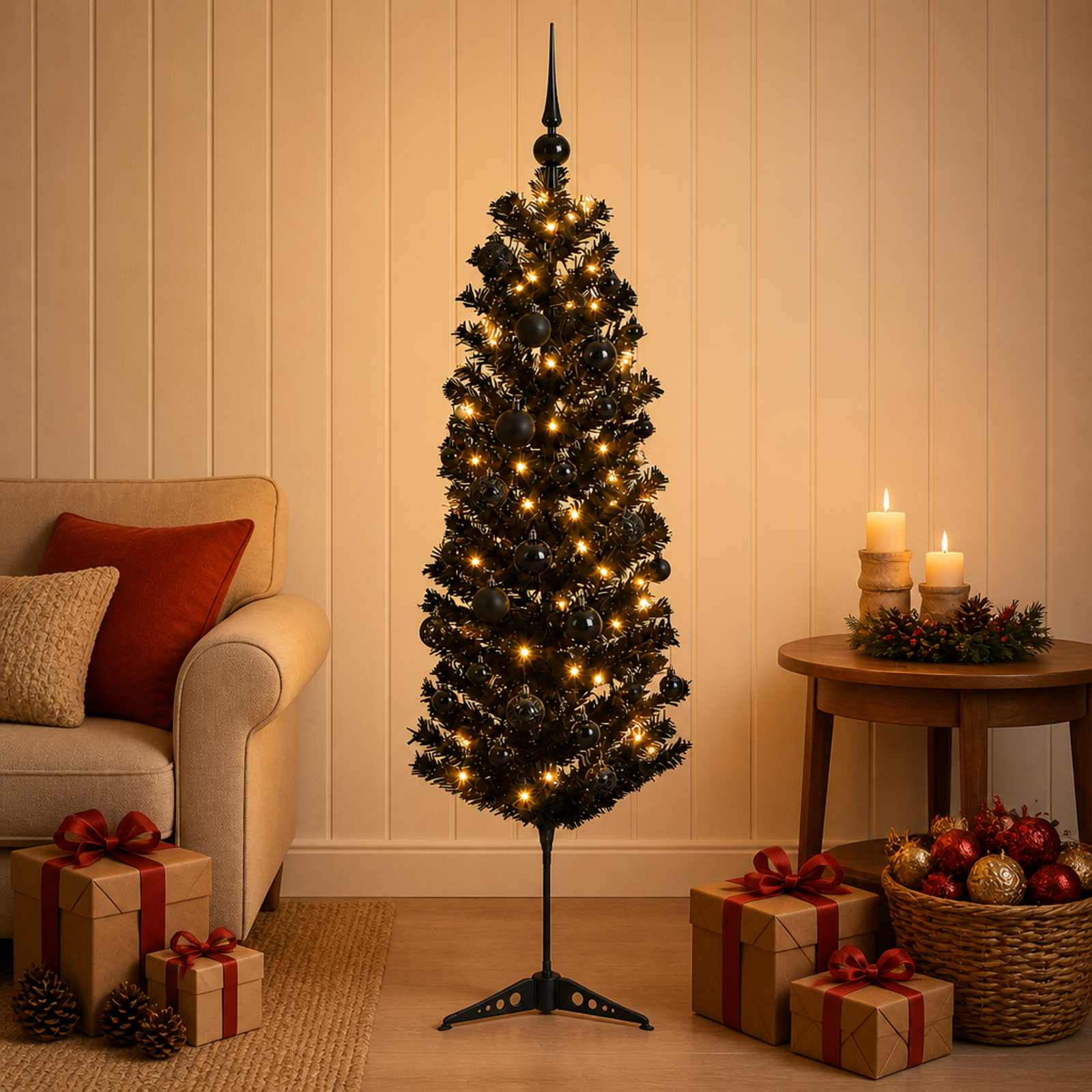 Albero di Natale Artificiale Slim con Palline 120 cm 150 LED