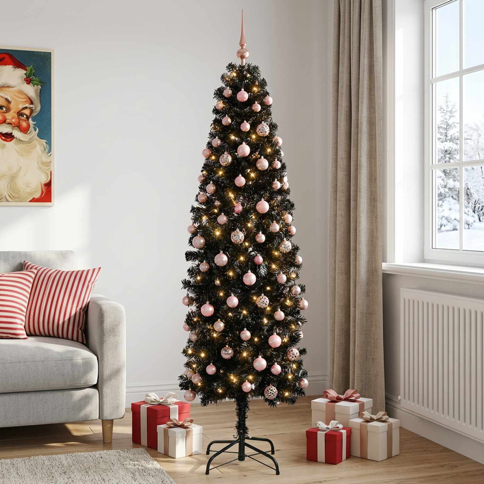 Albero di Natale Artificiale Slim con Palline 180 cm 300 LED
