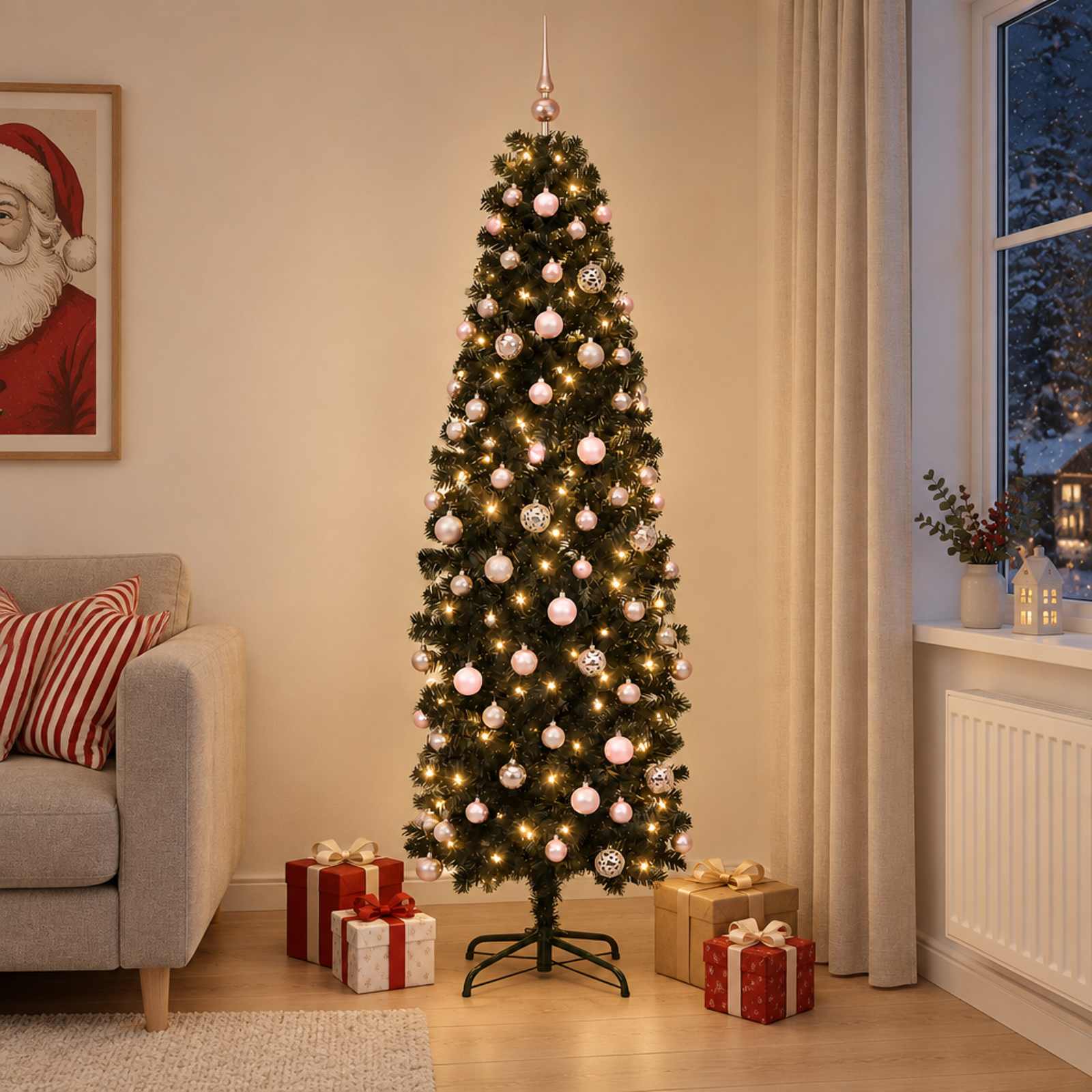 Albero di Natale Artificiale Slim con Palline 180 cm 300 LED