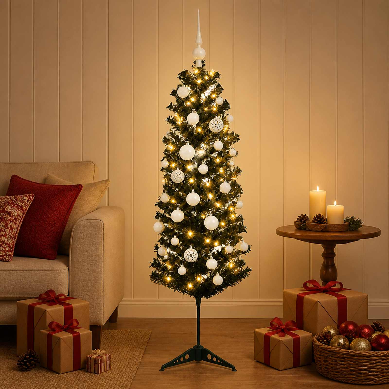 Albero di Natale Artificiale Slim con Palline 120 cm 150 LED