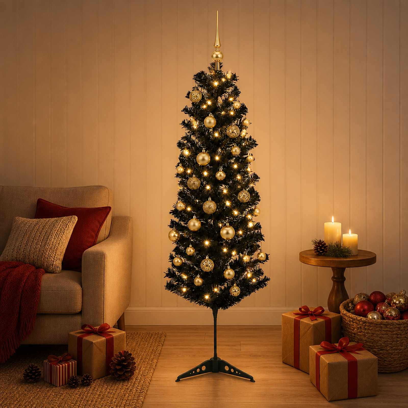 Albero di Natale Artificiale Slim con Palline 150 cm 150 LED