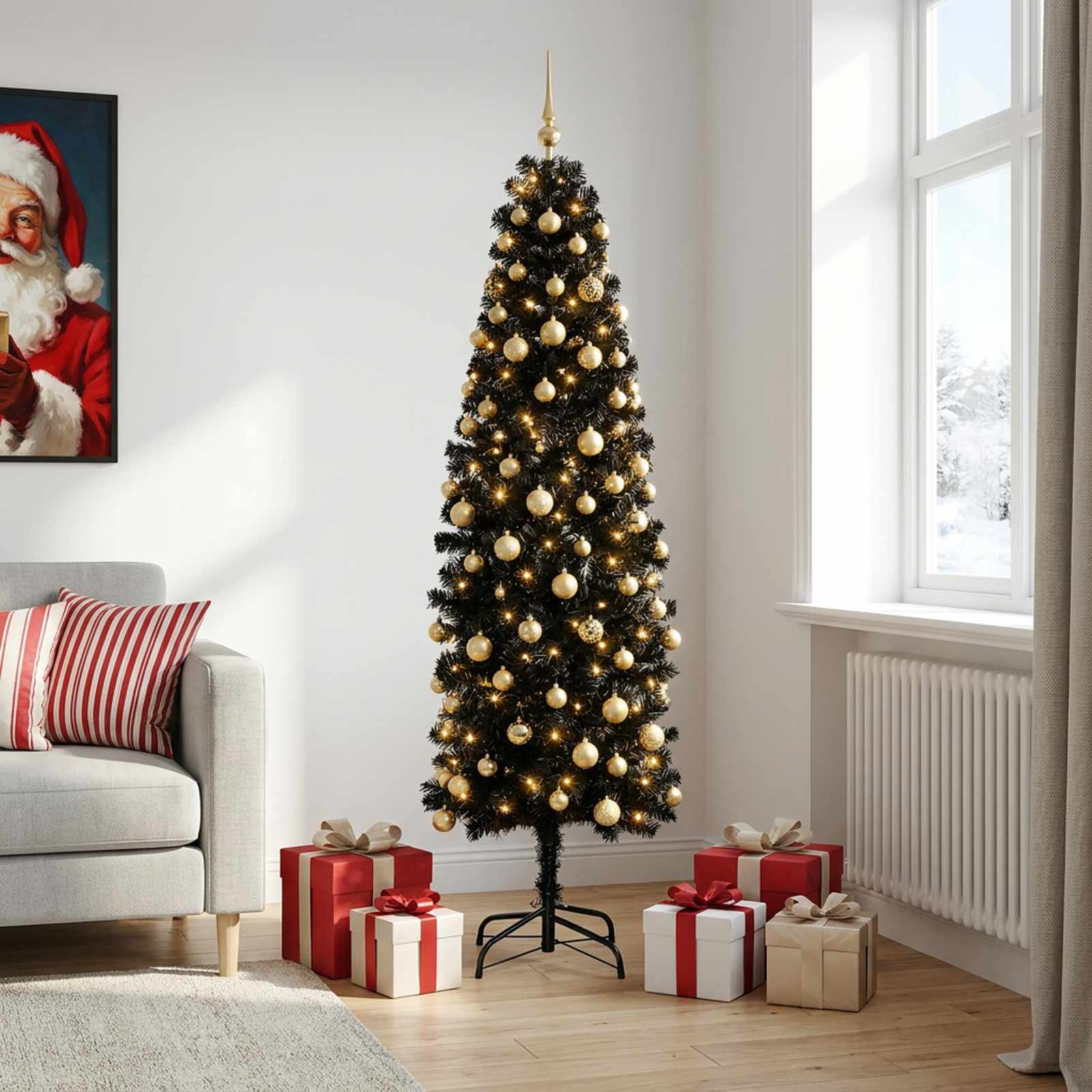 Albero di Natale Artificiale Slim con Palline 180 cm 300 LED