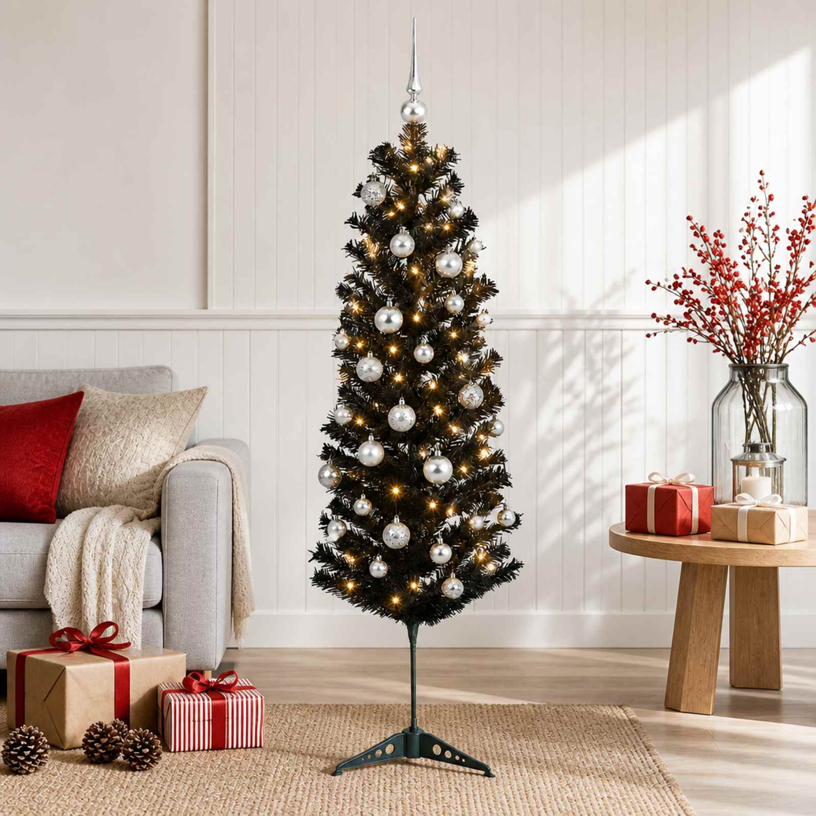 Albero di Natale Artificiale Slim con Palline 120 cm 150 LED