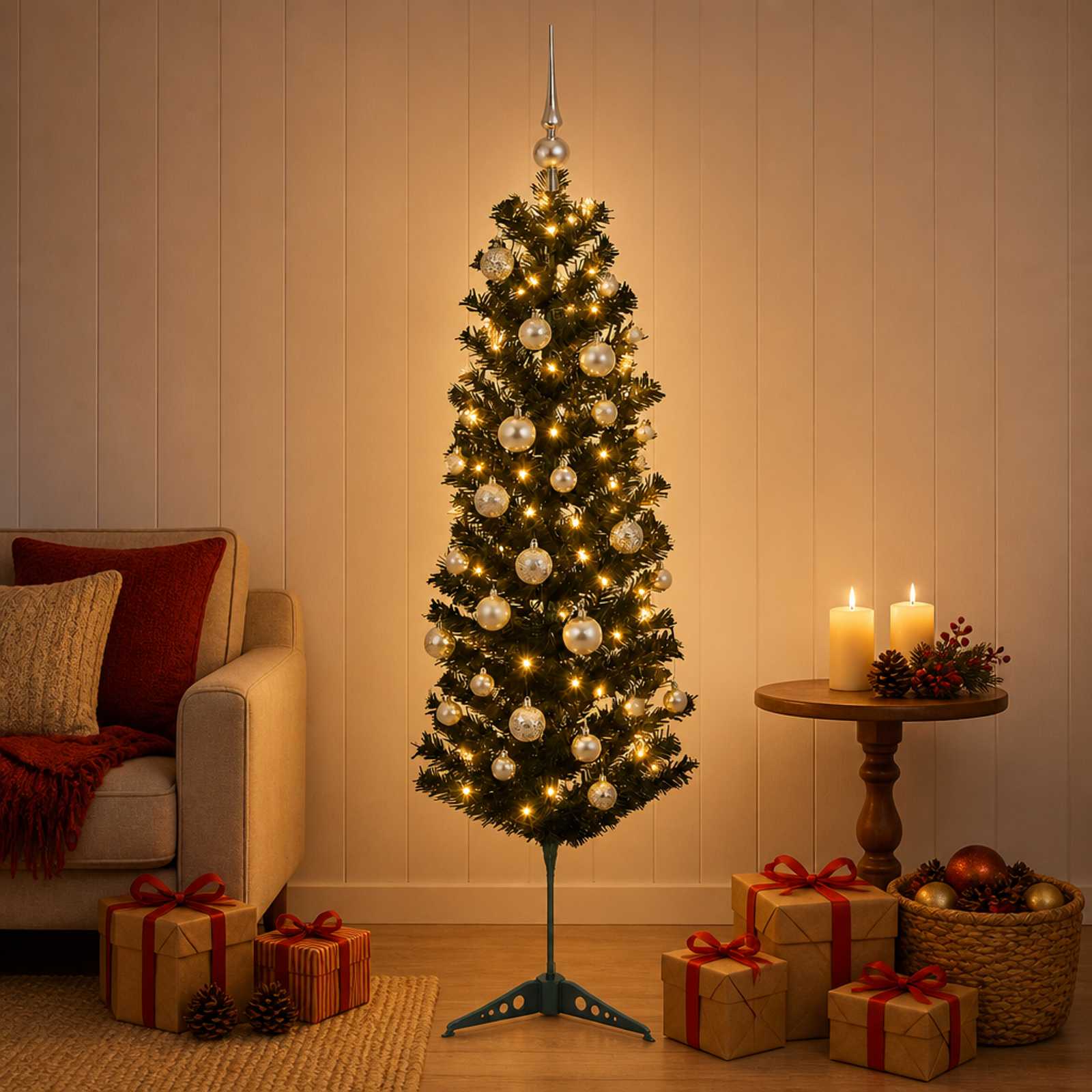 Albero di Natale Artificiale Slim con Palline 150 cm 150 LED