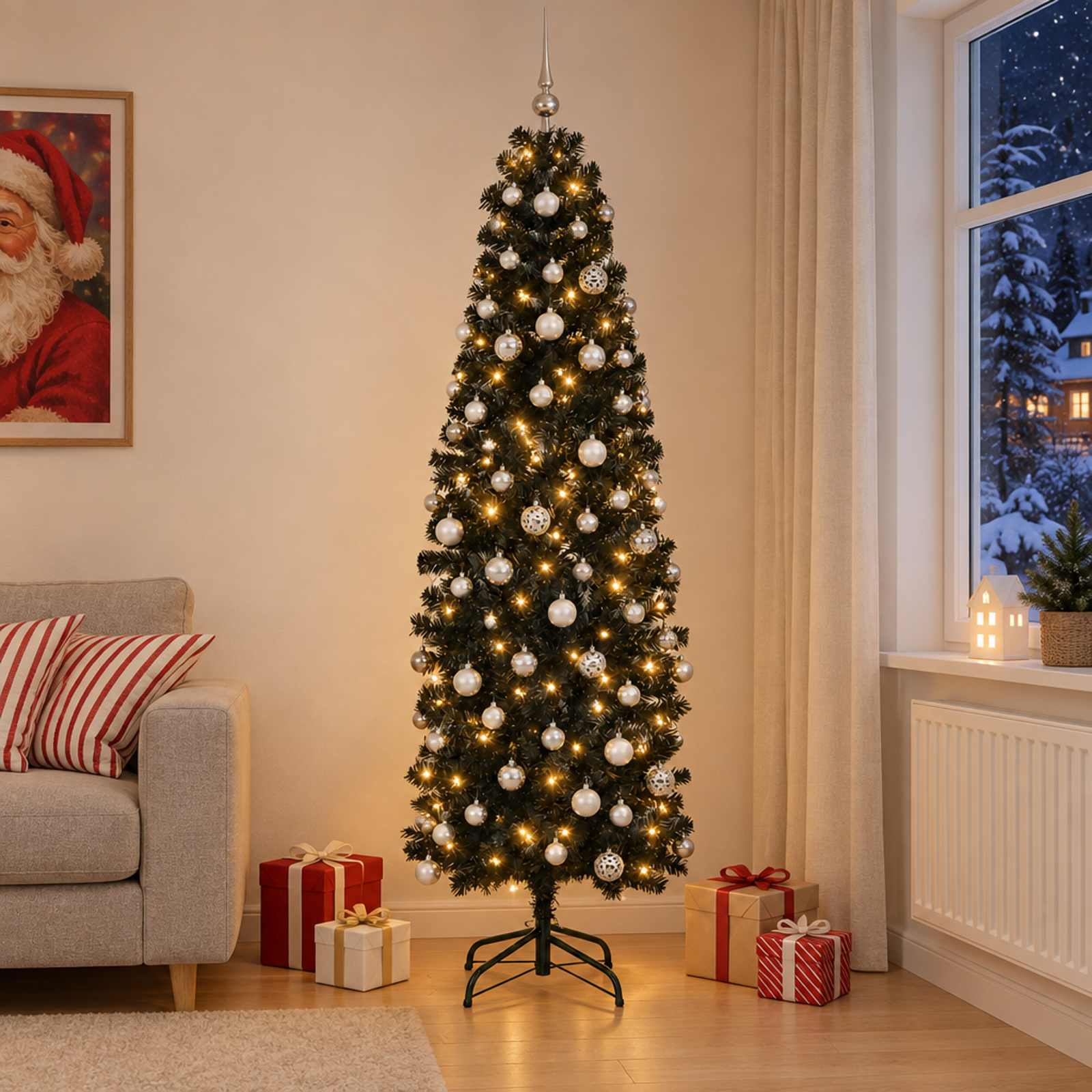 Albero di Natale Artificiale Slim con Palline 210 cm 300 LED