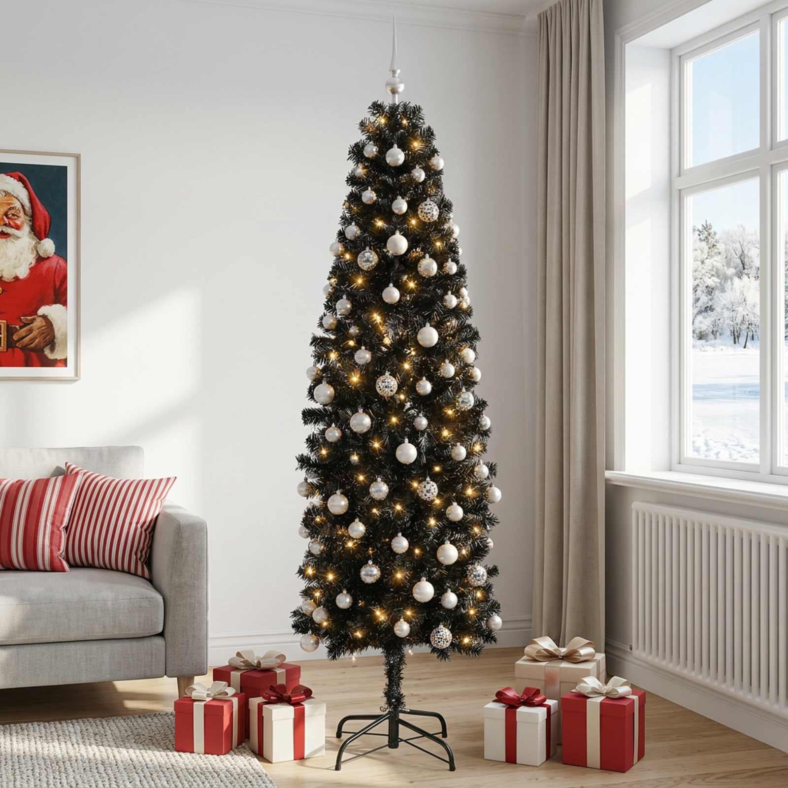 Albero di Natale Artificiale Slim con Palline 210 cm 300 LED