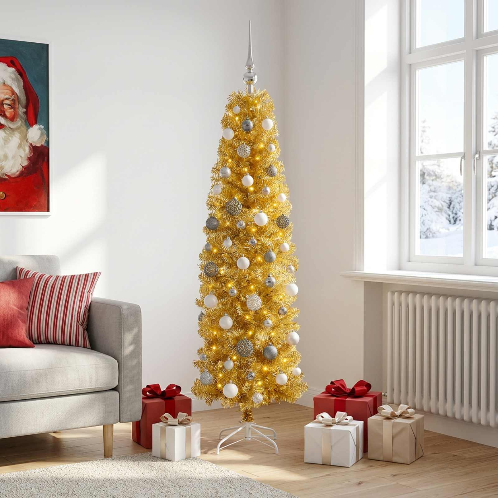 Albero di Natale Slim artificiale con palline 180 cm 300 LED