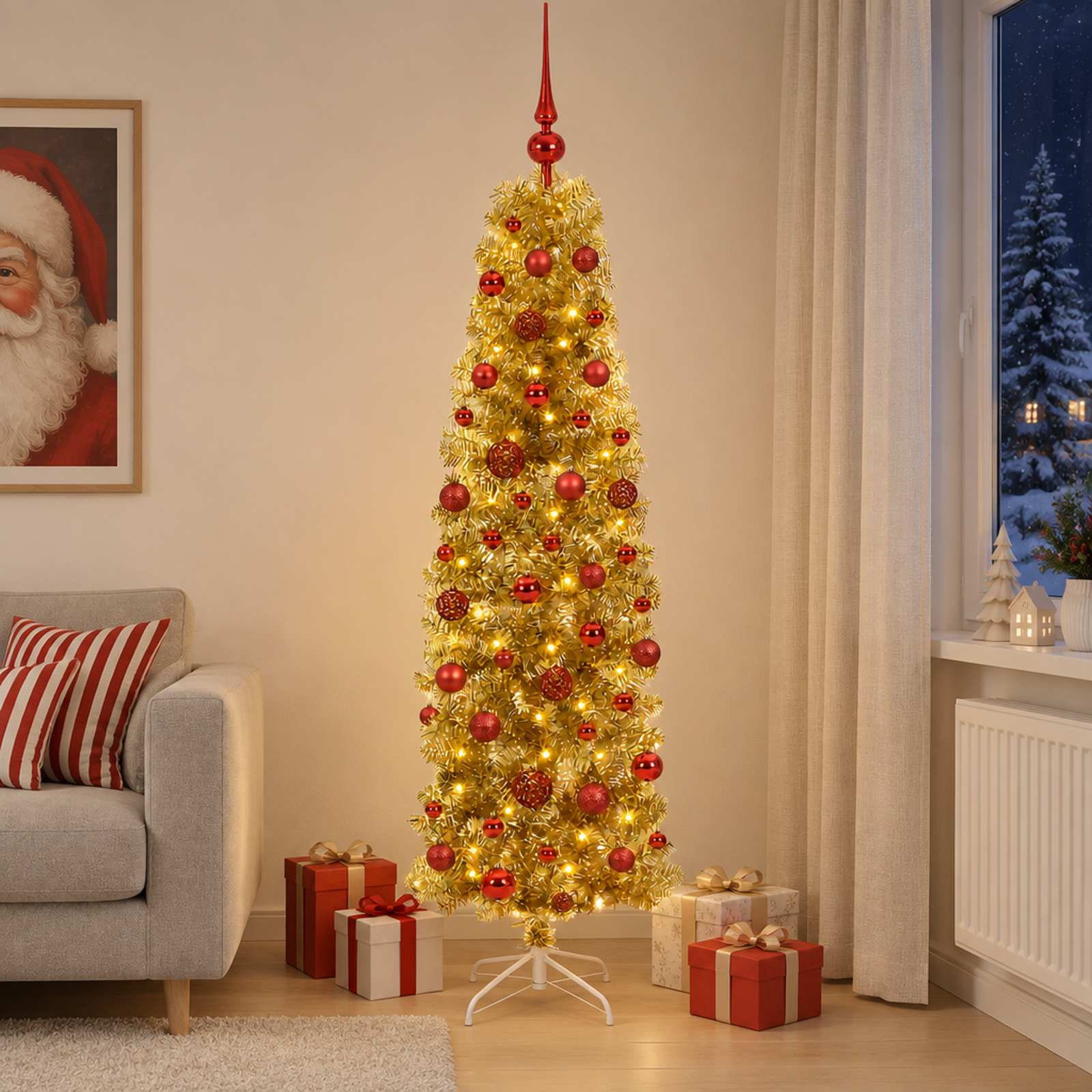 Albero di Natale Slim artificiale con palline 180 cm 300 LED