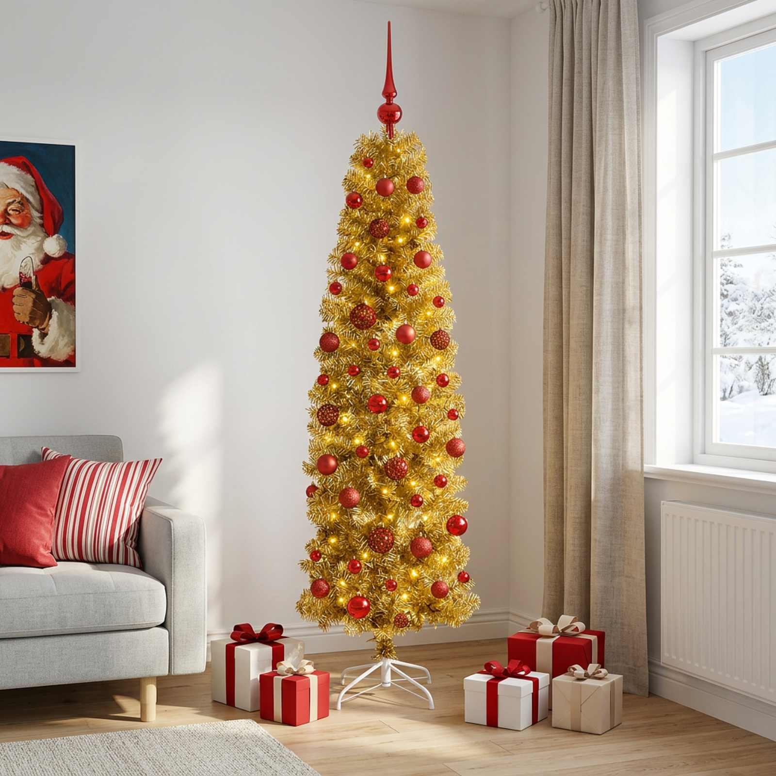 Albero di Natale Slim artificiale con palline 180 cm 300 LED