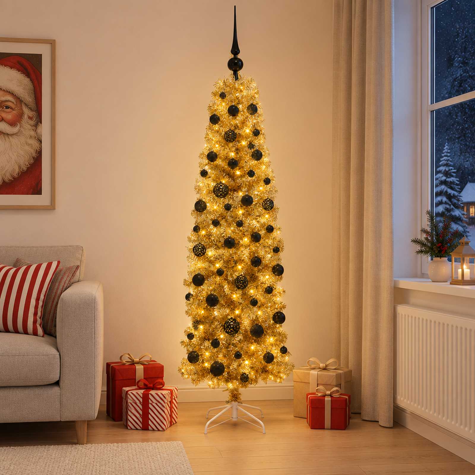 Albero di Natale Slim artificiale con palline 180 cm 300 LED