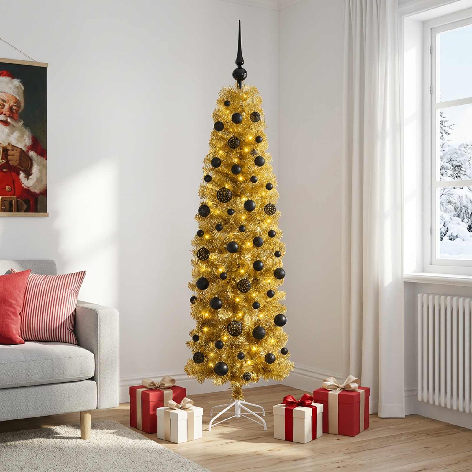 Albero di Natale Slim artificiale con palline 180 cm 300 LED