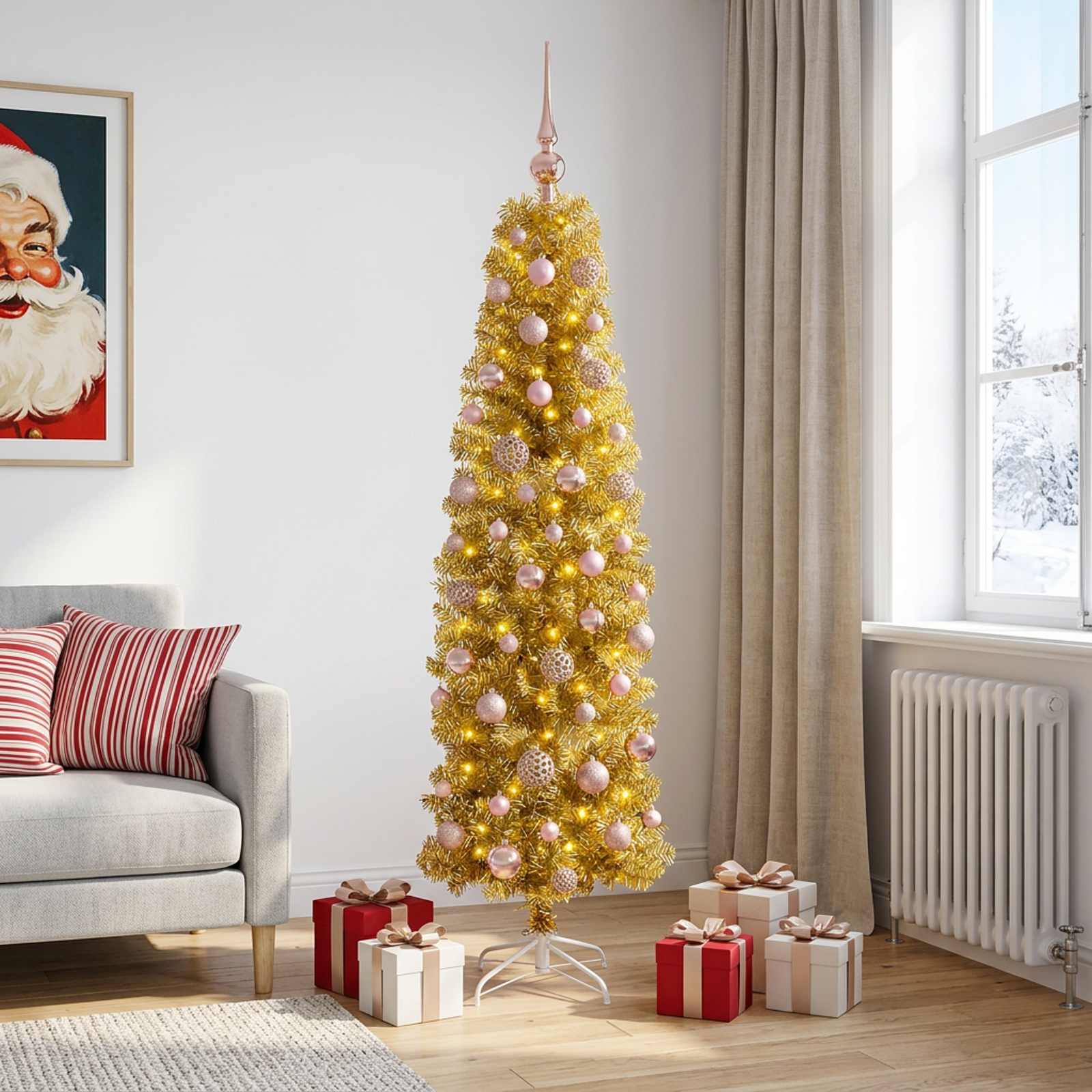Albero di Natale Slim artificiale con palline 180 cm 300 LED