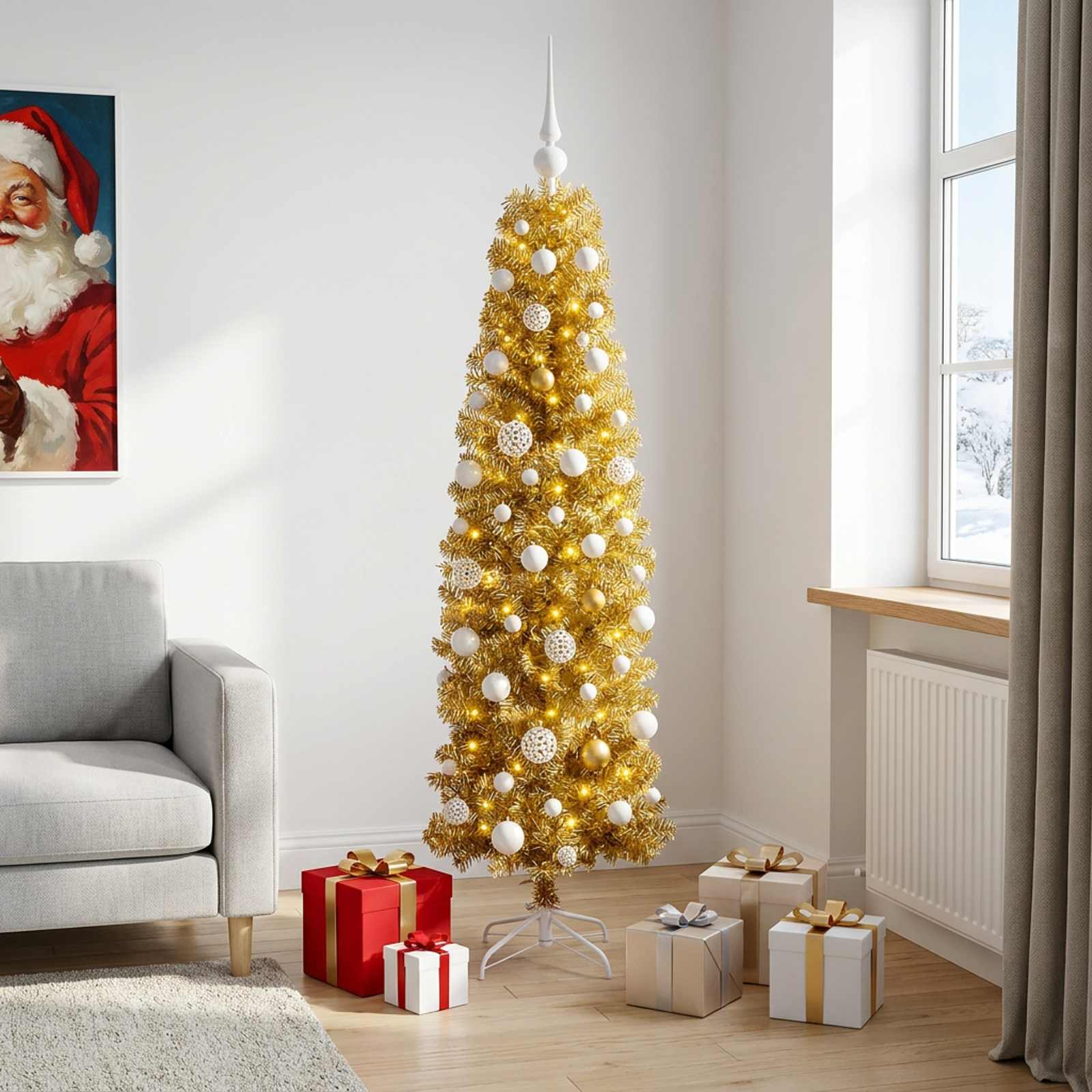 Albero di Natale Slim artificiale con palline 180 cm 300 LED