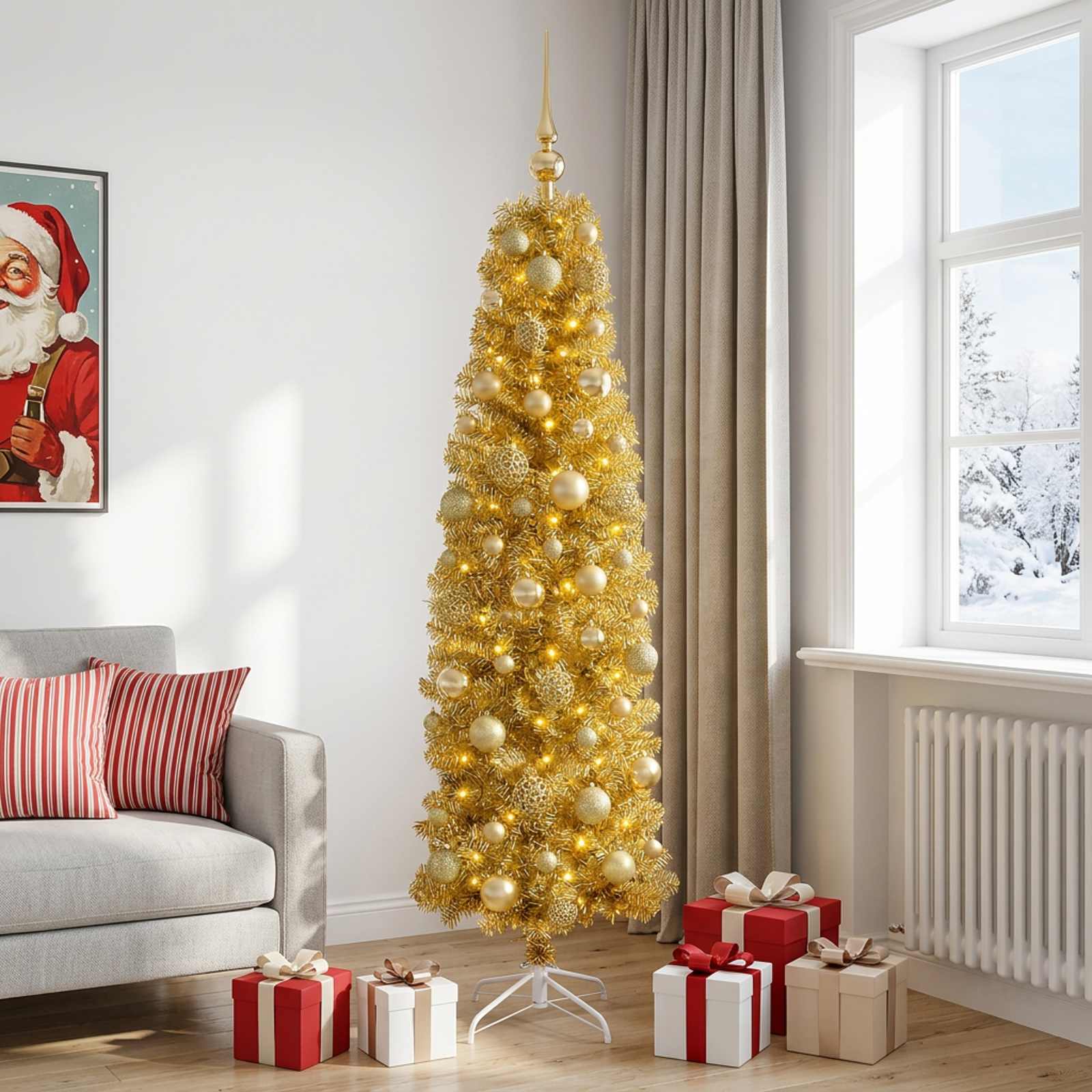 Albero di Natale Slim artificiale con palline 180 cm 300 LED
