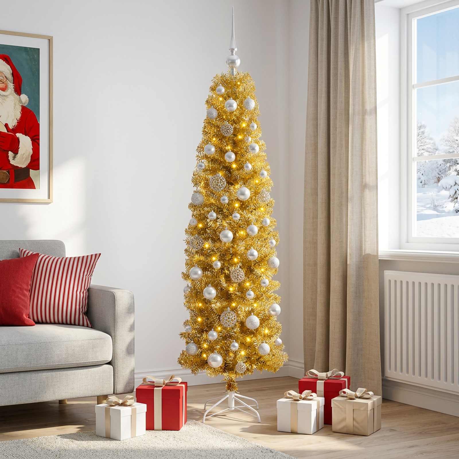 Albero di Natale Slim artificiale con palline 180 cm 300 LED