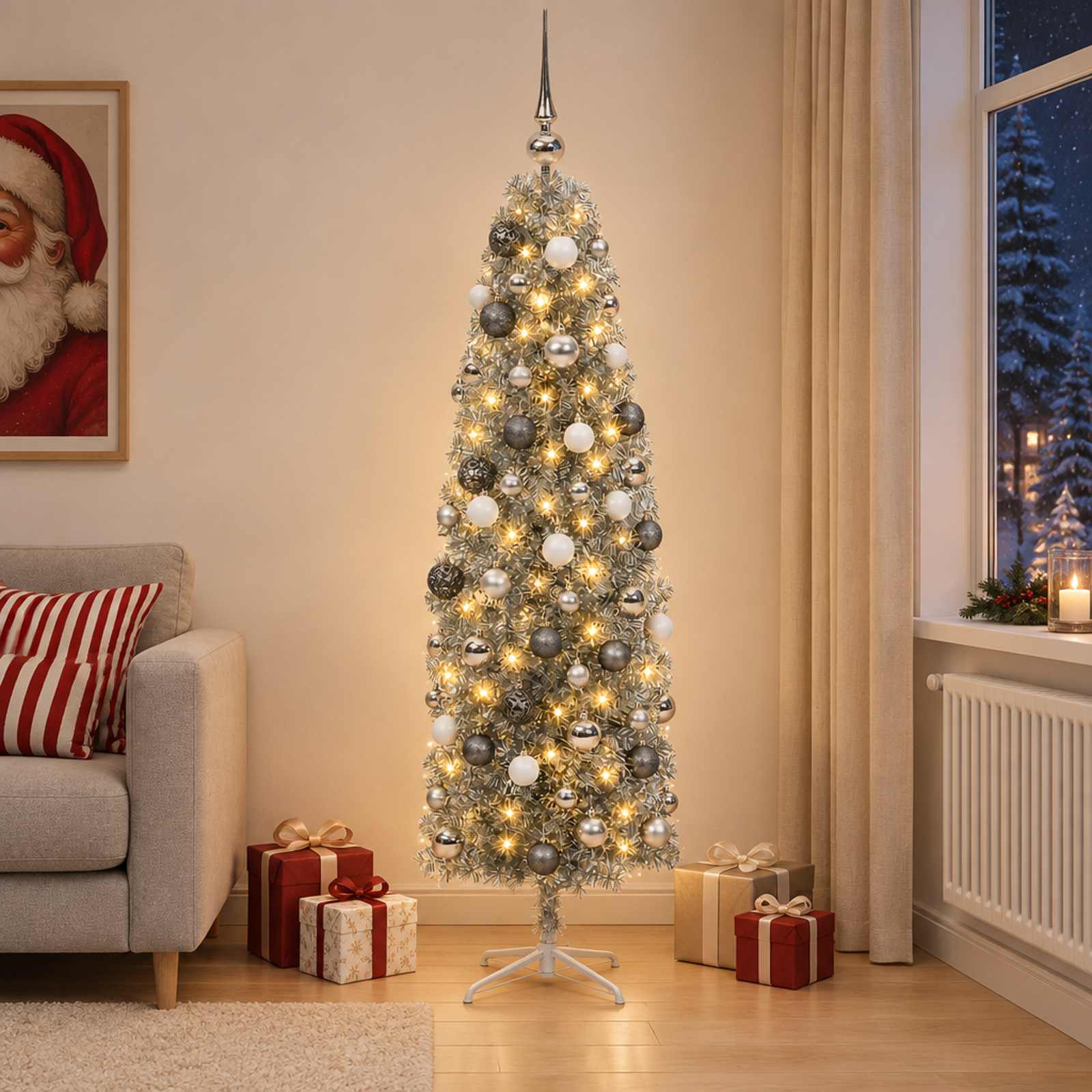 Albero di Natale Artificiale Slim con Palline 240 cm 300 LED