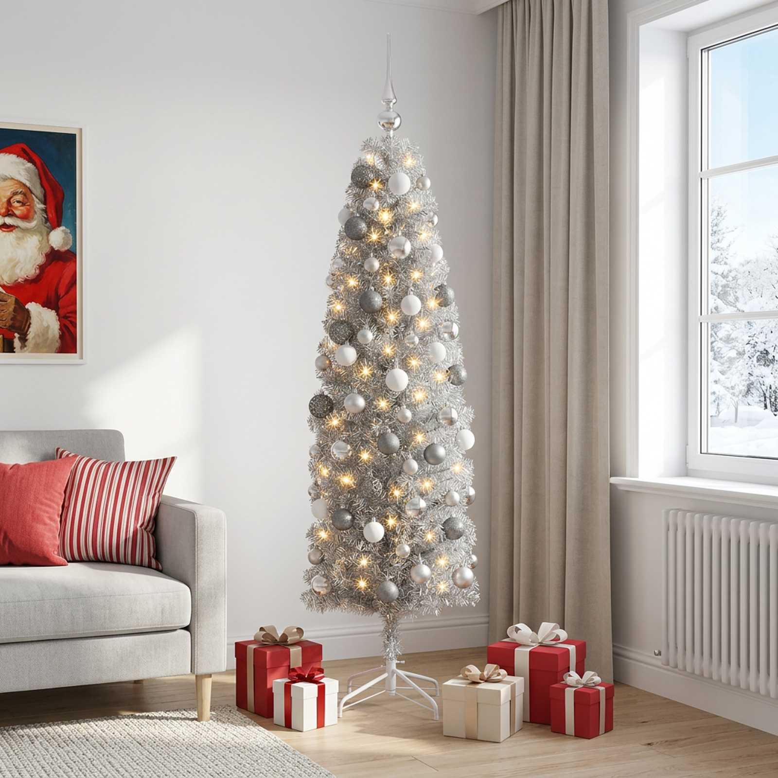 Albero di Natale Artificiale Slim con Palline 240 cm 300 LED