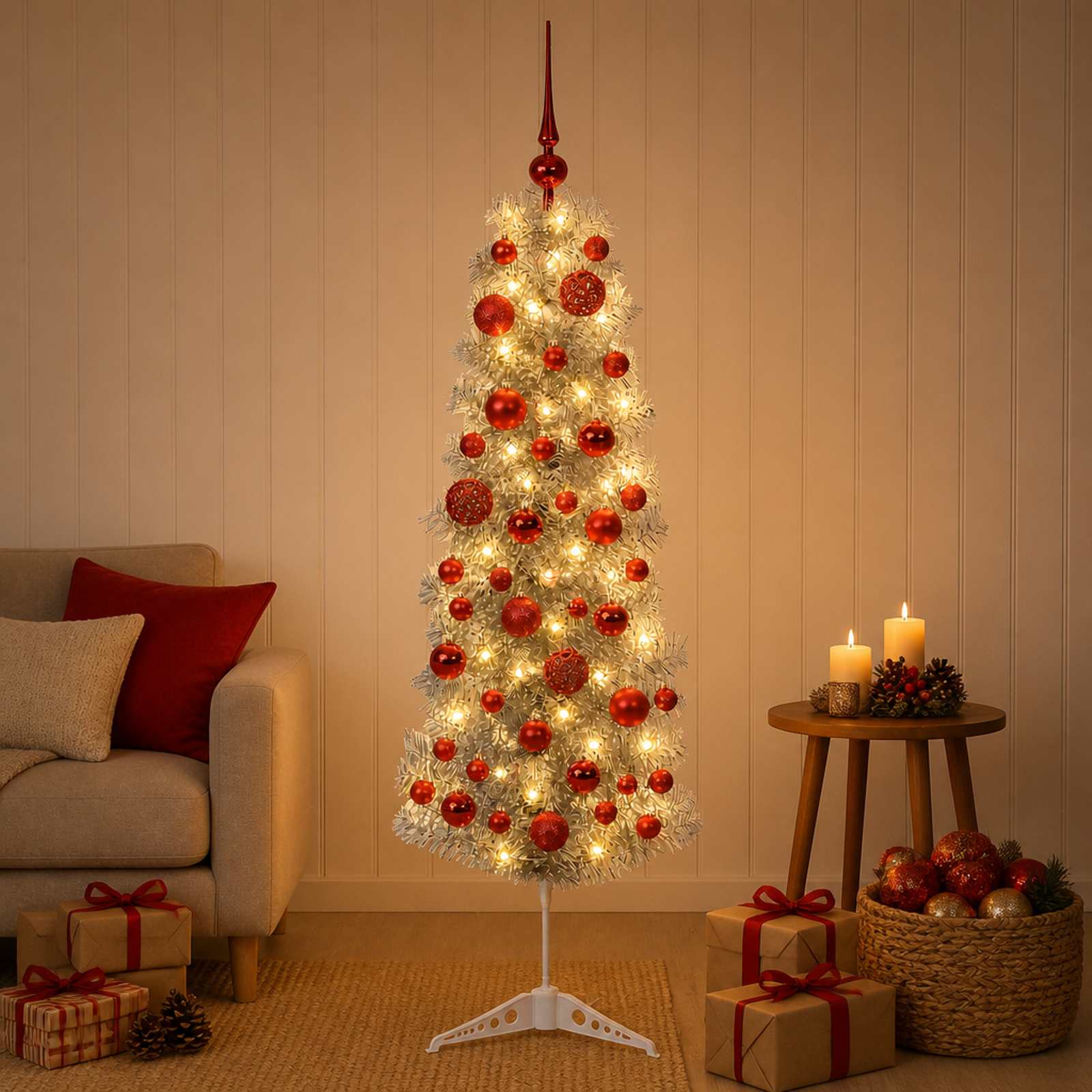 Albero di Natale Artificiale Slim con Palline 120 cm 150 LED