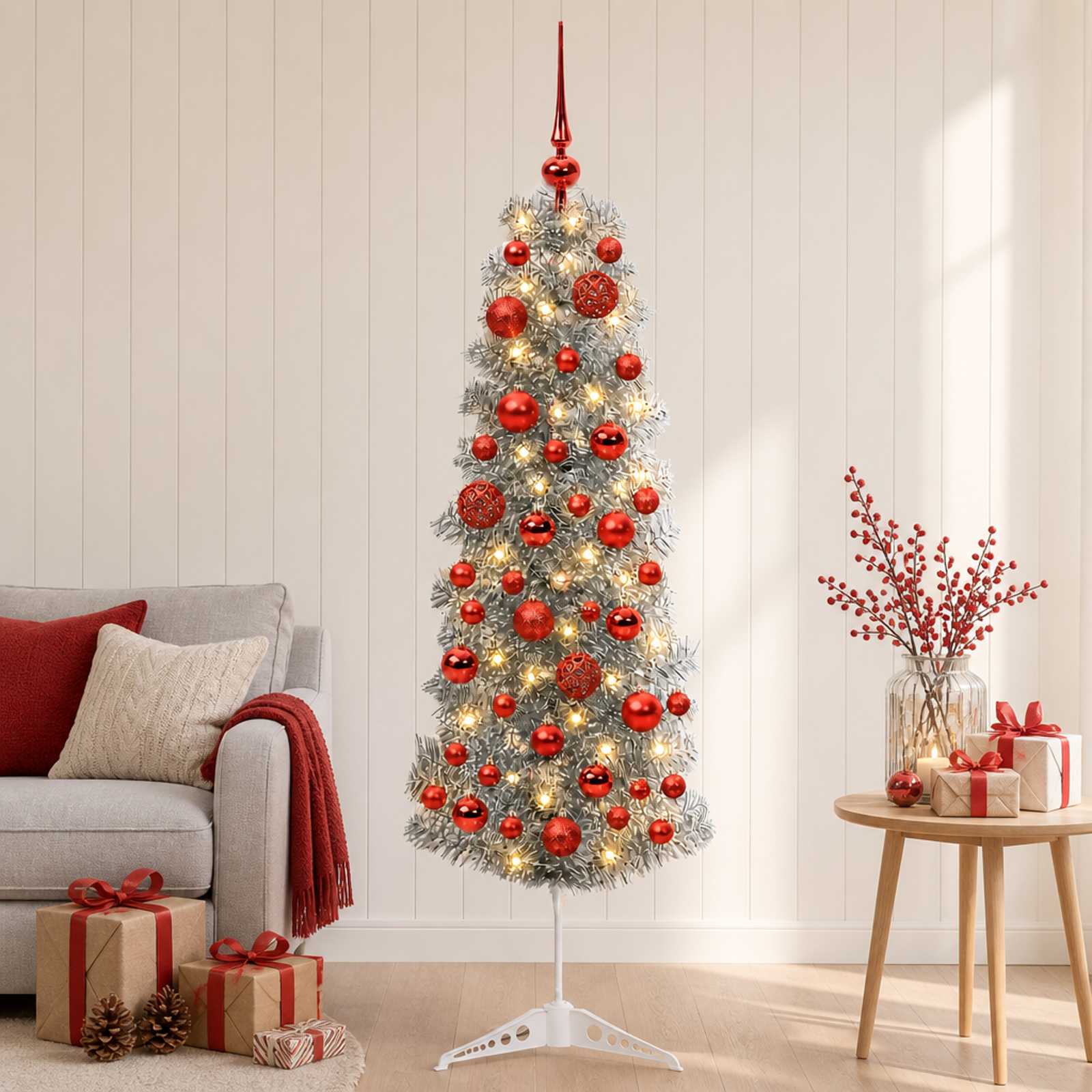 Albero di Natale Artificiale Slim con Palline 120 cm 150 LED