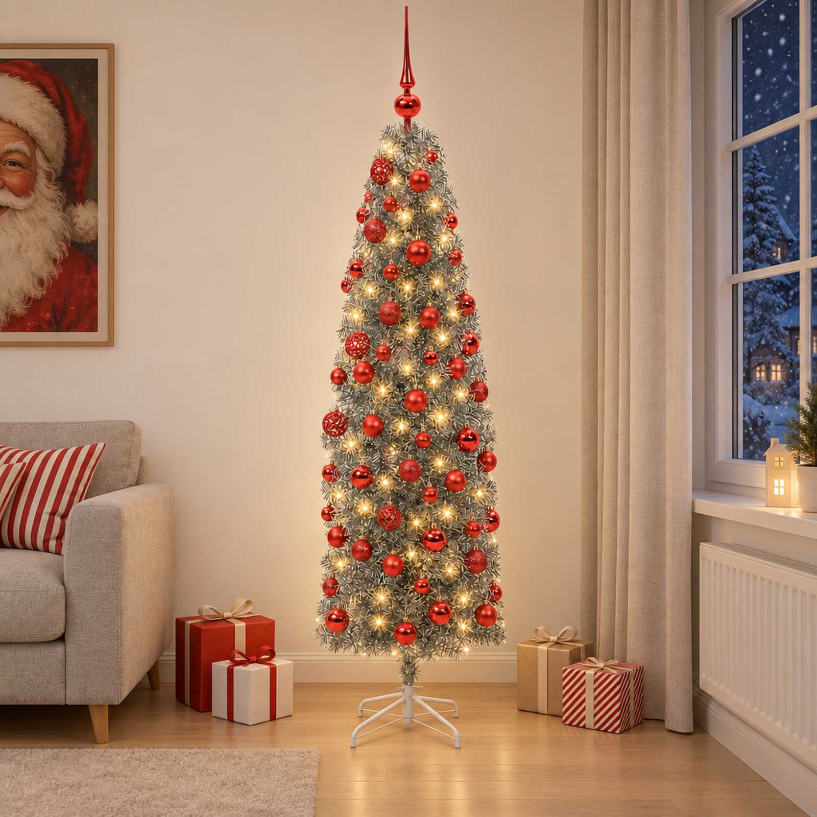 Albero di Natale Artificiale Slim con Palline 210 cm 300 LED