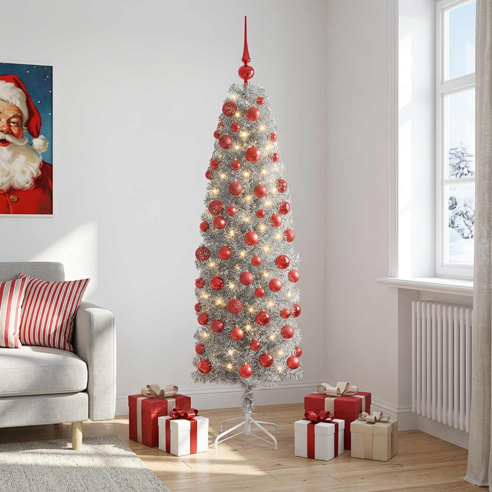 Albero di Natale Artificiale Slim con Palline 210 cm 300 LED