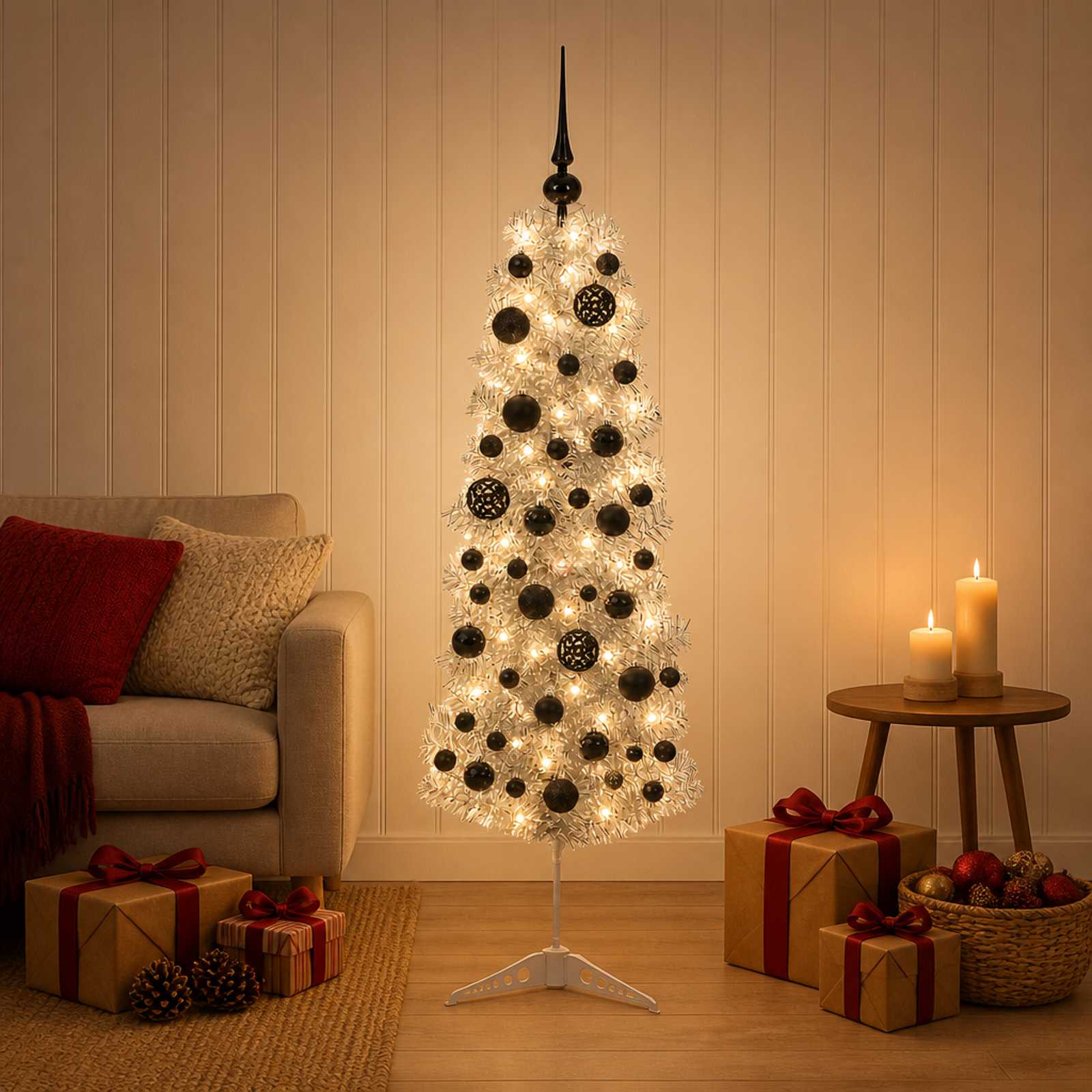 Albero di Natale Artificiale Slim con Palline 120 cm 150 LED