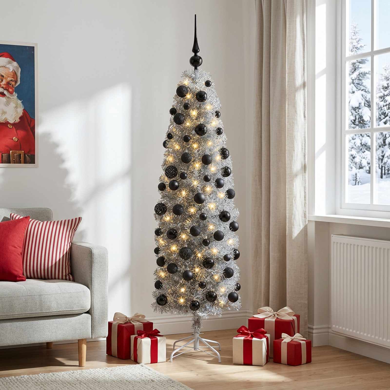 Albero di Natale Artificiale Slim con Palline 210 cm 300 LED