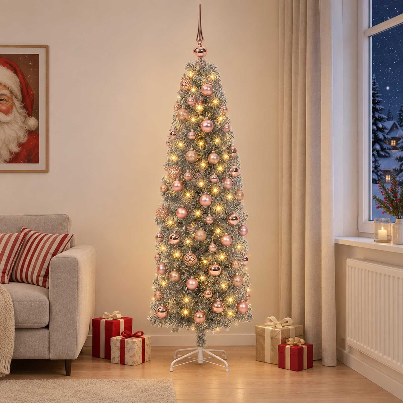 Albero di Natale Artificiale Slim con Palline 210 cm 300 LED