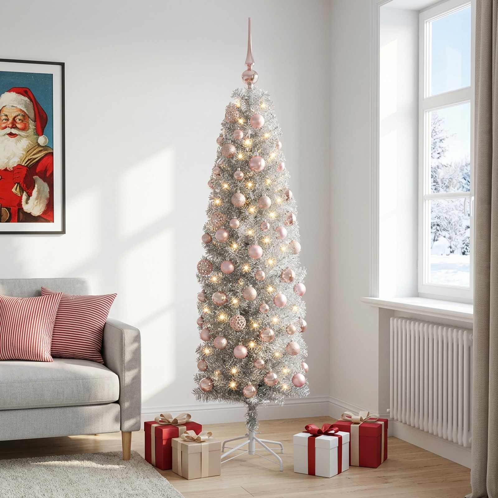 Albero di Natale Artificiale Slim con Palline 210 cm 300 LED