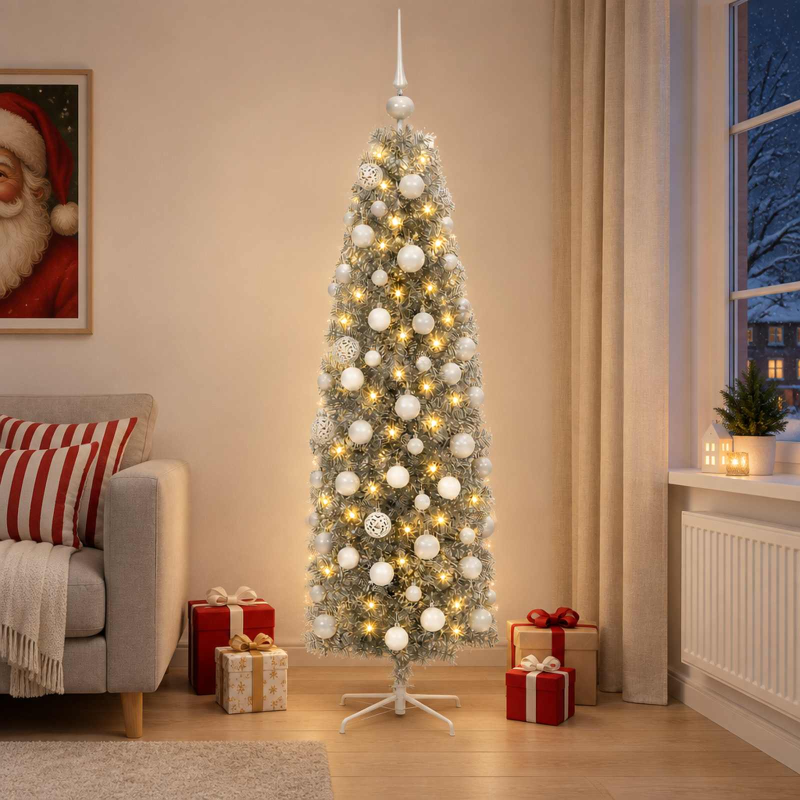 Albero di Natale Artificiale Slim con Palline 240 cm 300 LED