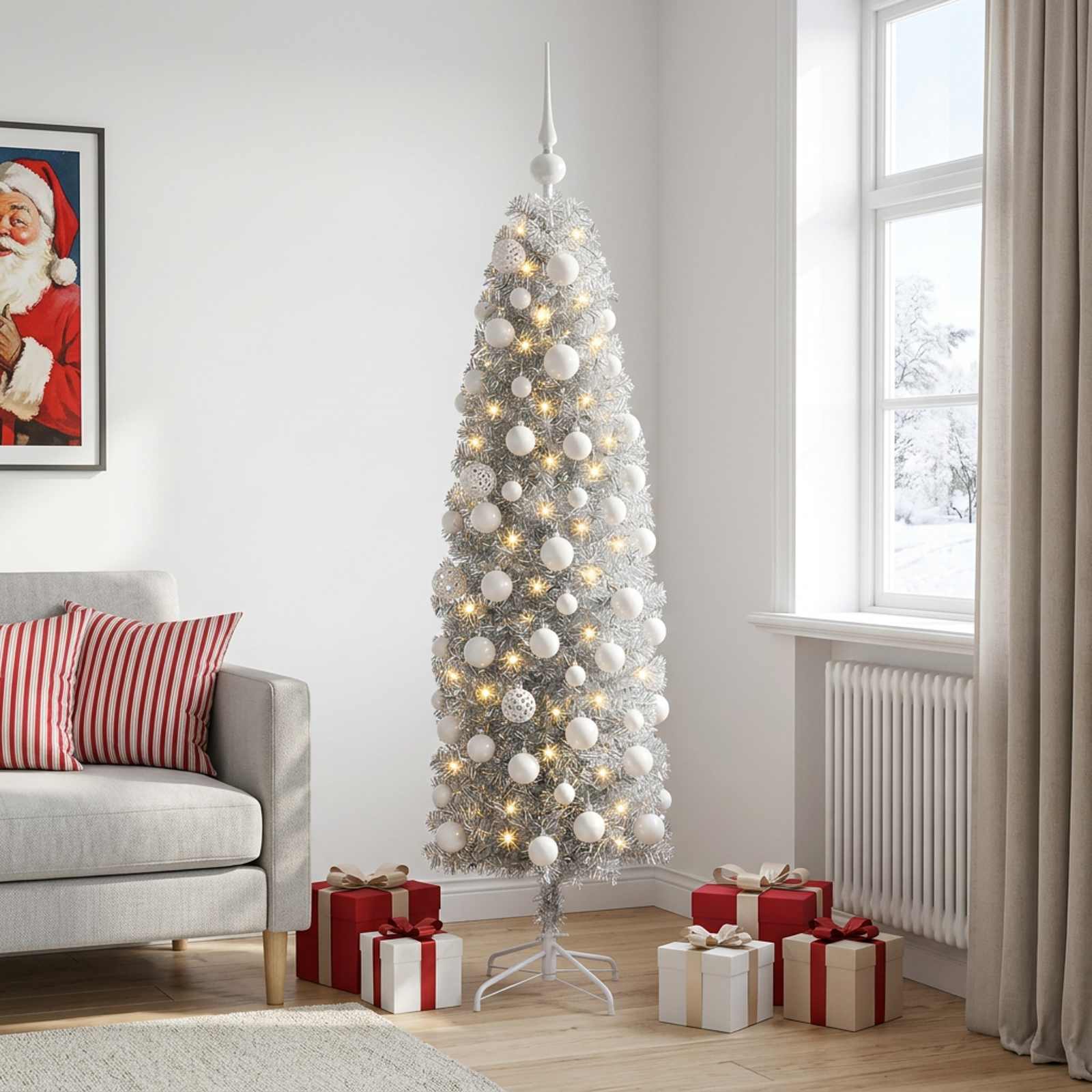 Albero di Natale Artificiale Slim con Palline 240 cm 300 LED