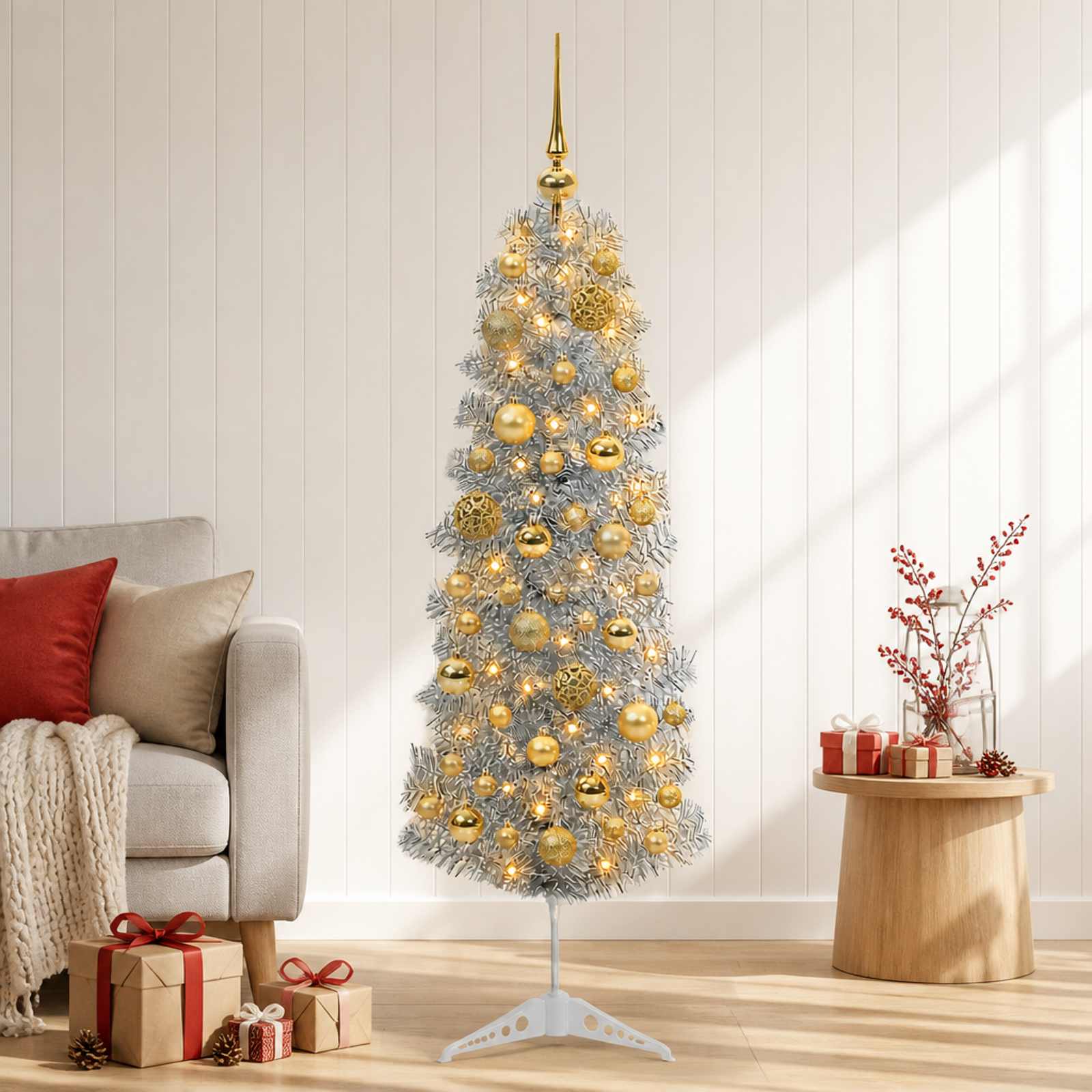 Albero di Natale Artificiale Slim con Palline 120 cm 150 LED