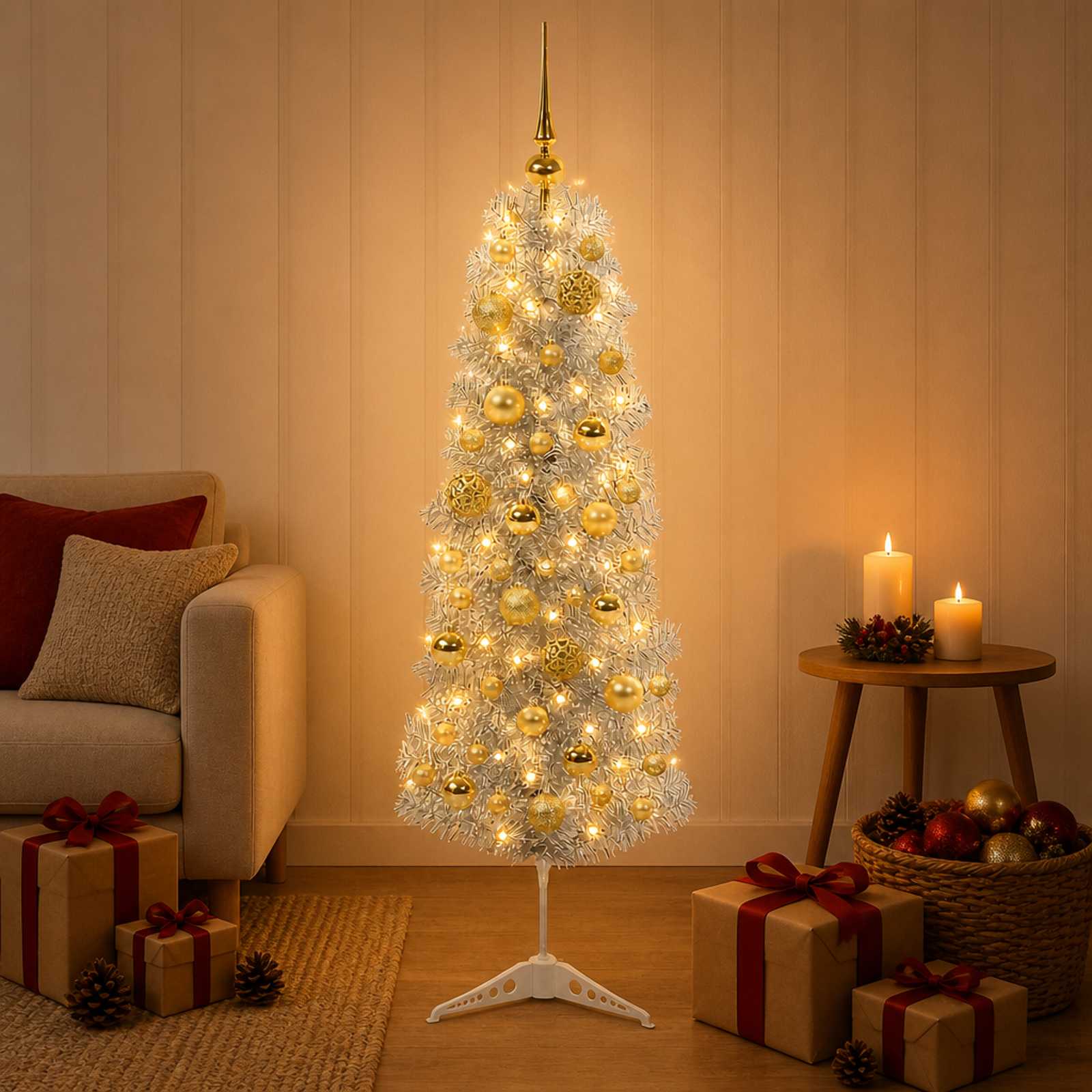 Albero di Natale Artificiale Slim con Palline 120 cm 150 LED