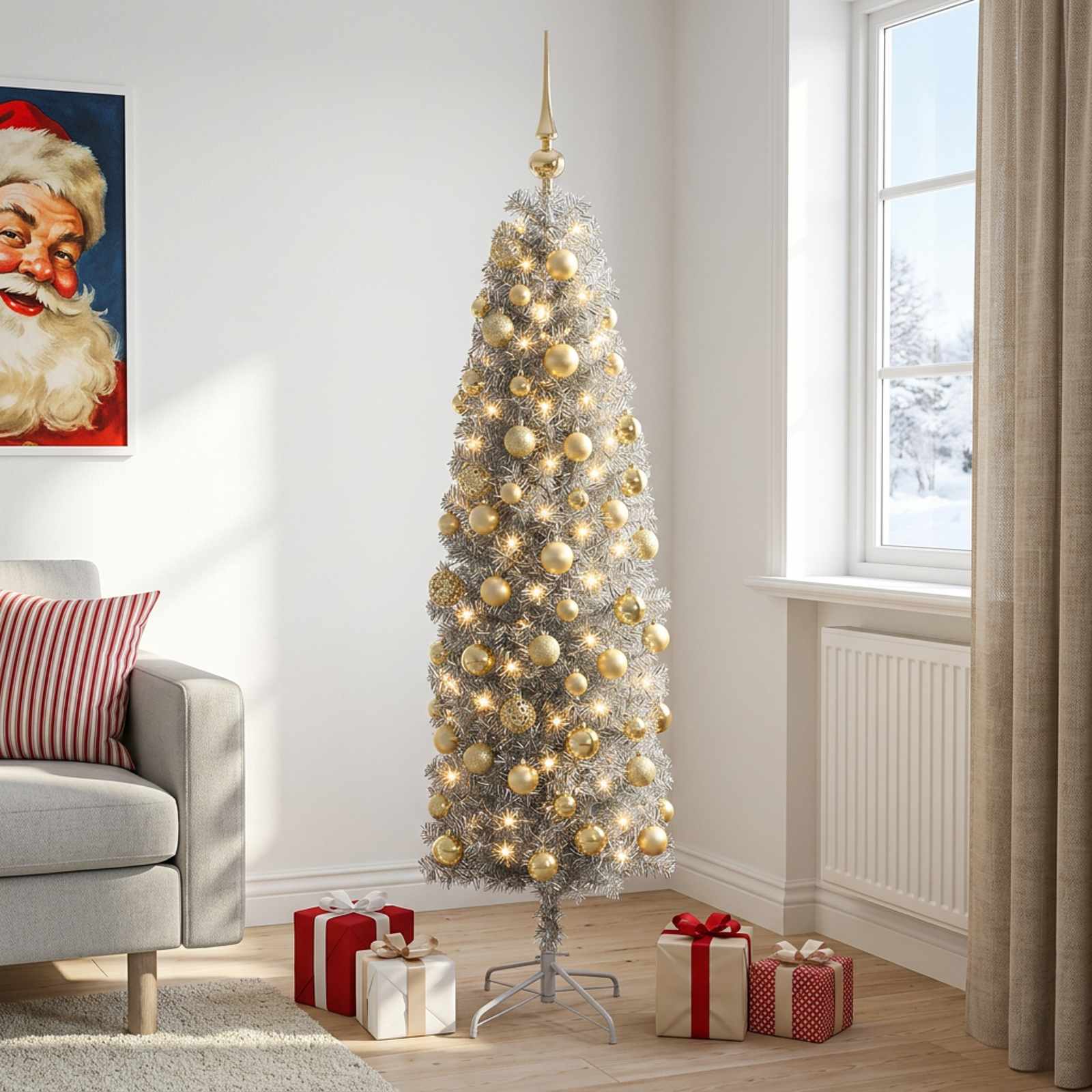 Albero di Natale Artificiale Slim con Palline 210 cm 300 LED