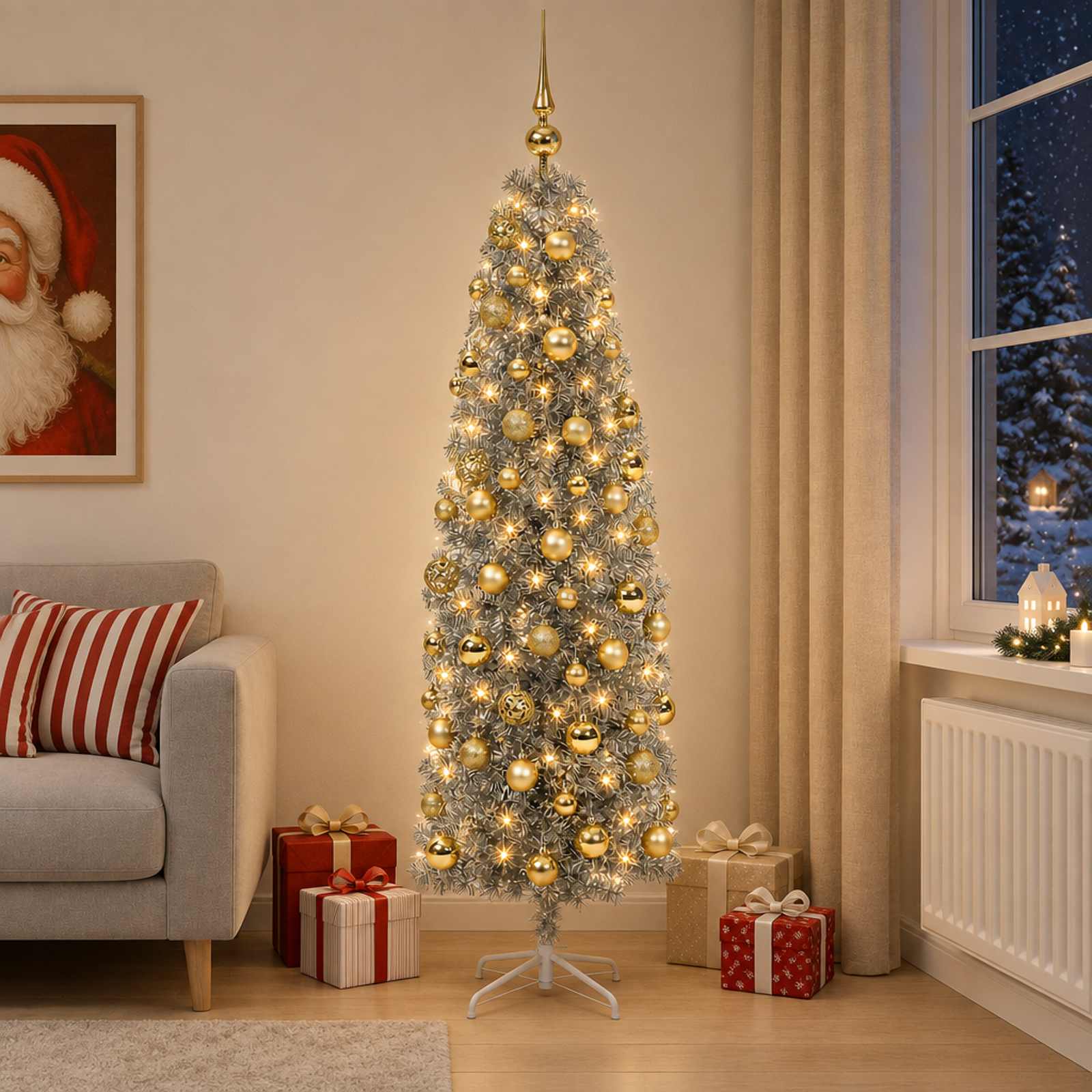 Albero di Natale Artificiale Slim con Palline 240 cm 300 LED