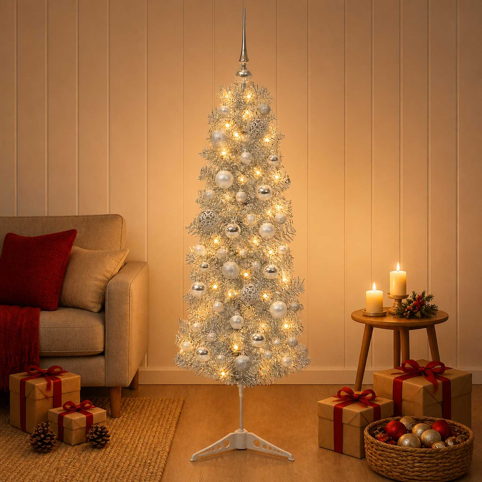 Albero di Natale Artificiale Slim con Palline 120 cm 150 LED