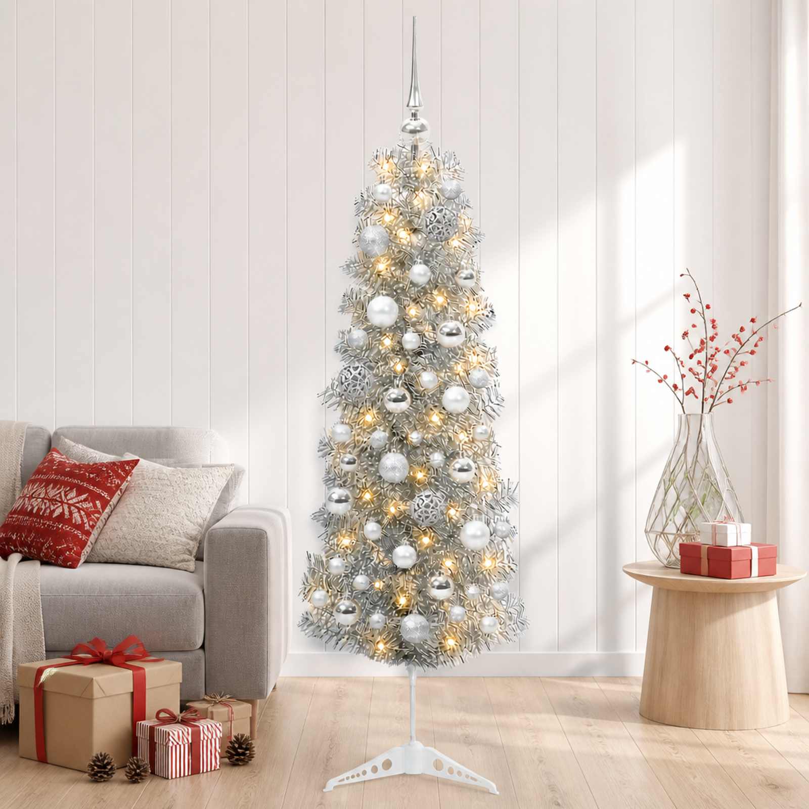 Albero di Natale Artificiale Slim con Palline 120 cm 150 LED