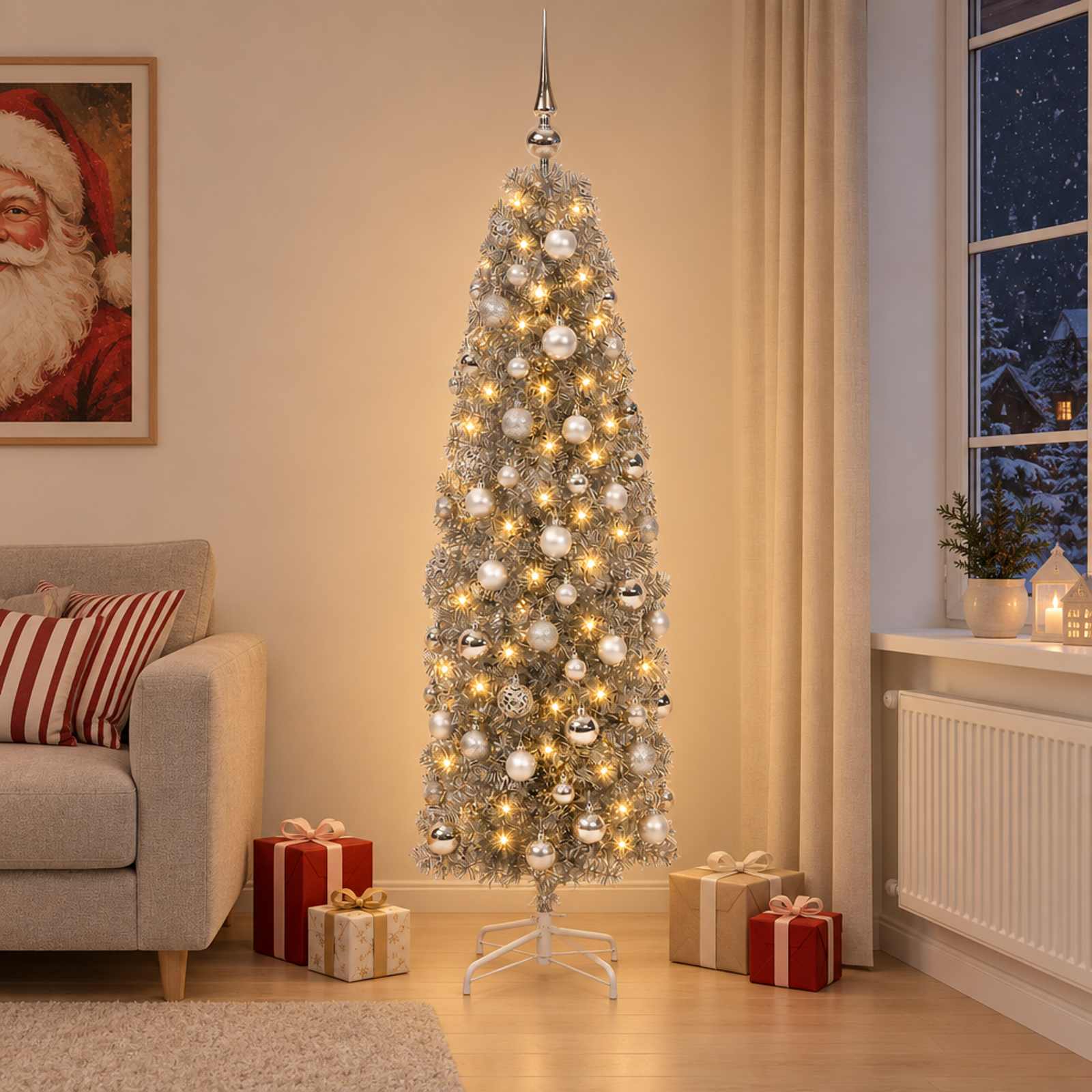 Albero di Natale Artificiale Slim con Palline 240 cm 300 LED