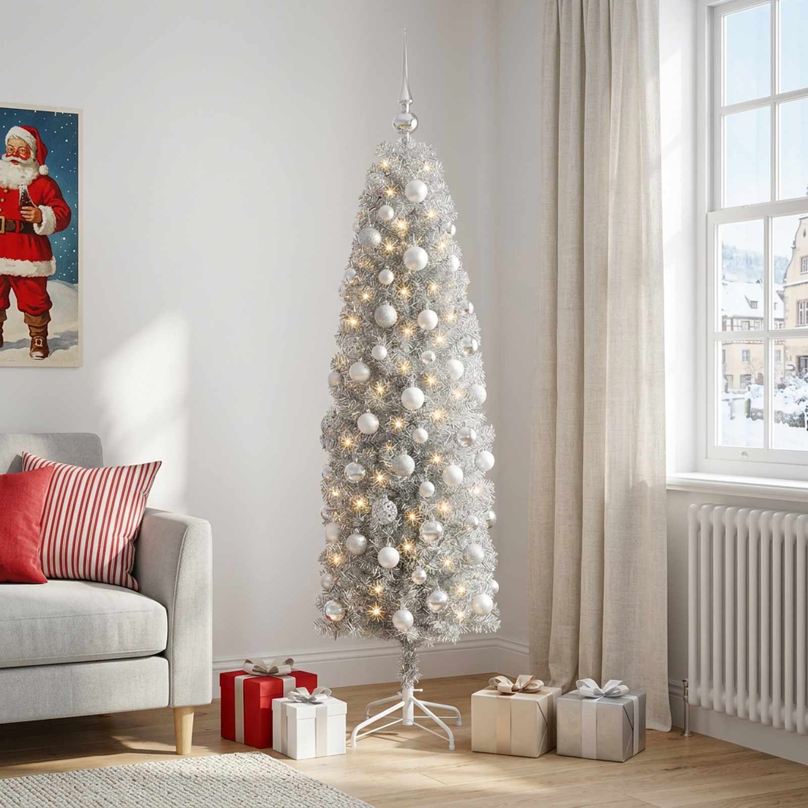 Albero di Natale Artificiale Slim con Palline 240 cm 300 LED
