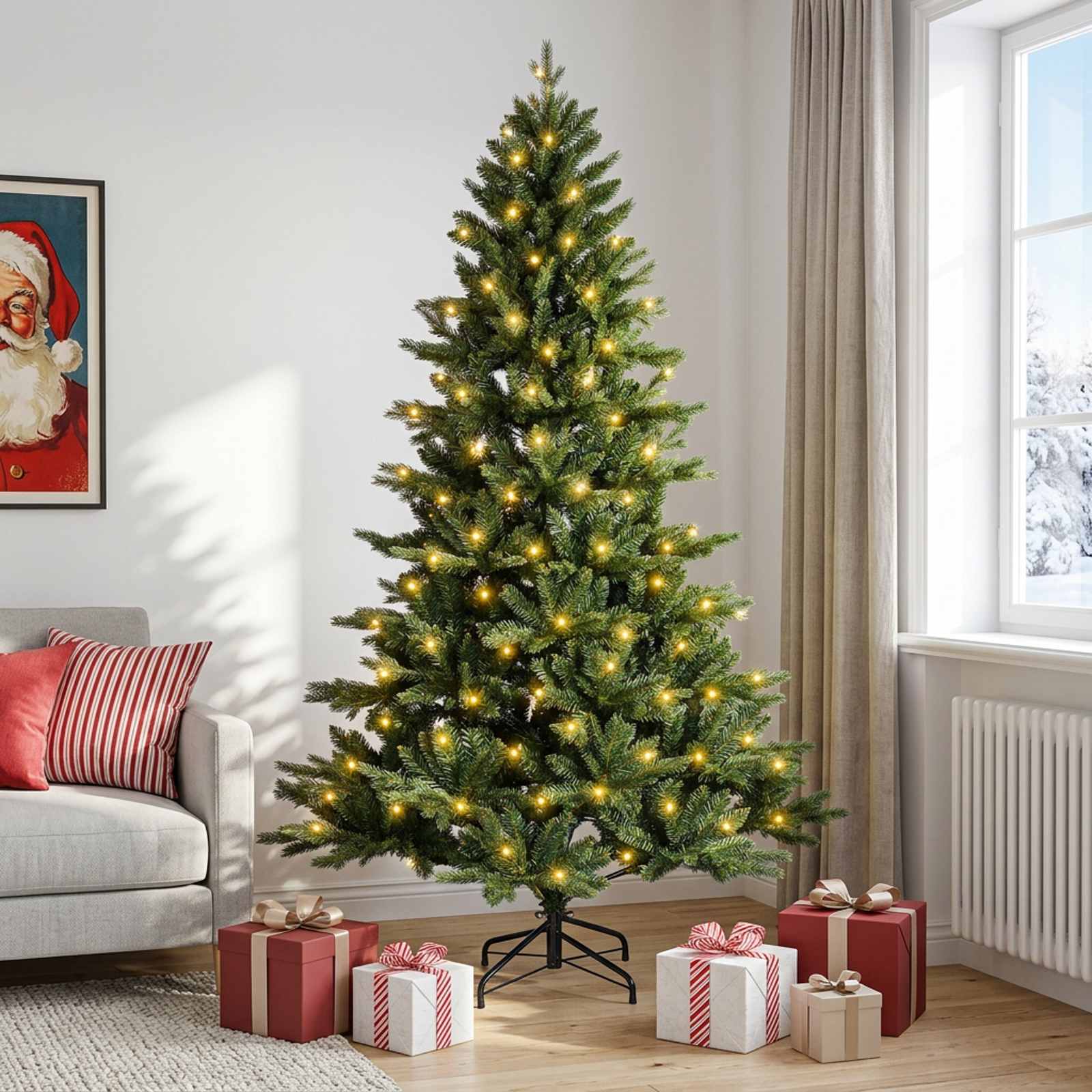 Albero di Natale Artificiale con Rami Pieghevoli 150 cm 150 LED