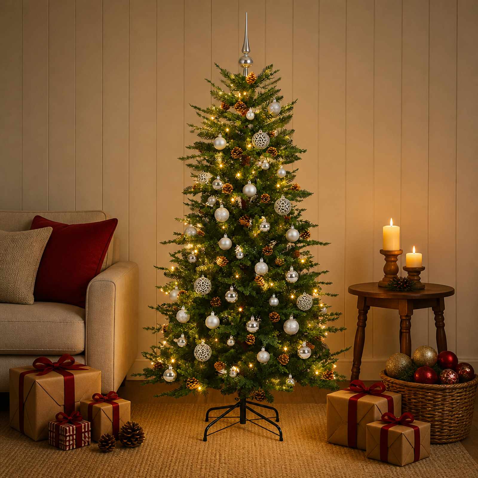 Albero di Natale artificiale con palline 120 cm 150 LED